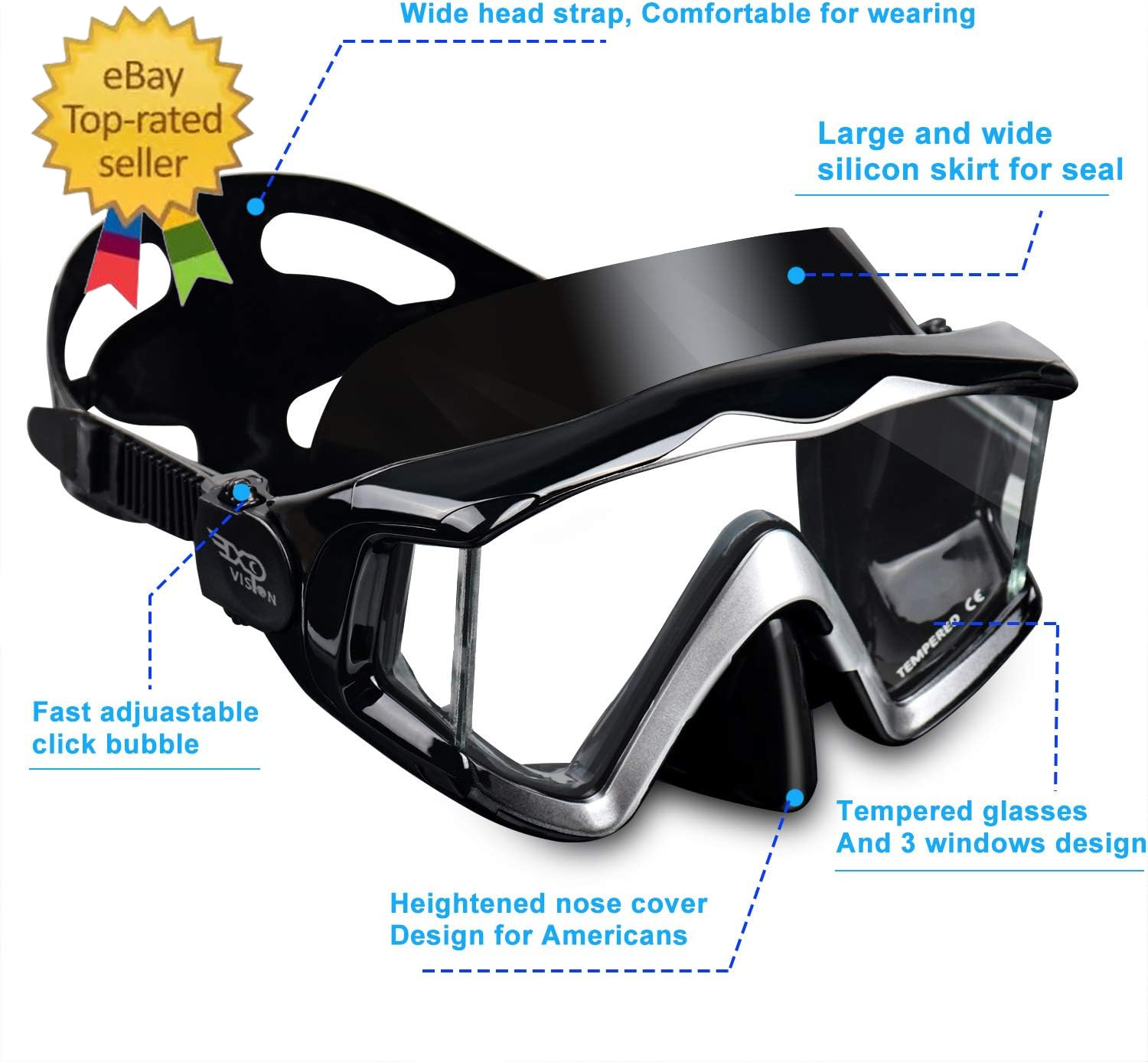 Adult Pano 3 Scuba Diving , Tempered Glass Snorkel Anti-Fog Swim No Leakage Swim