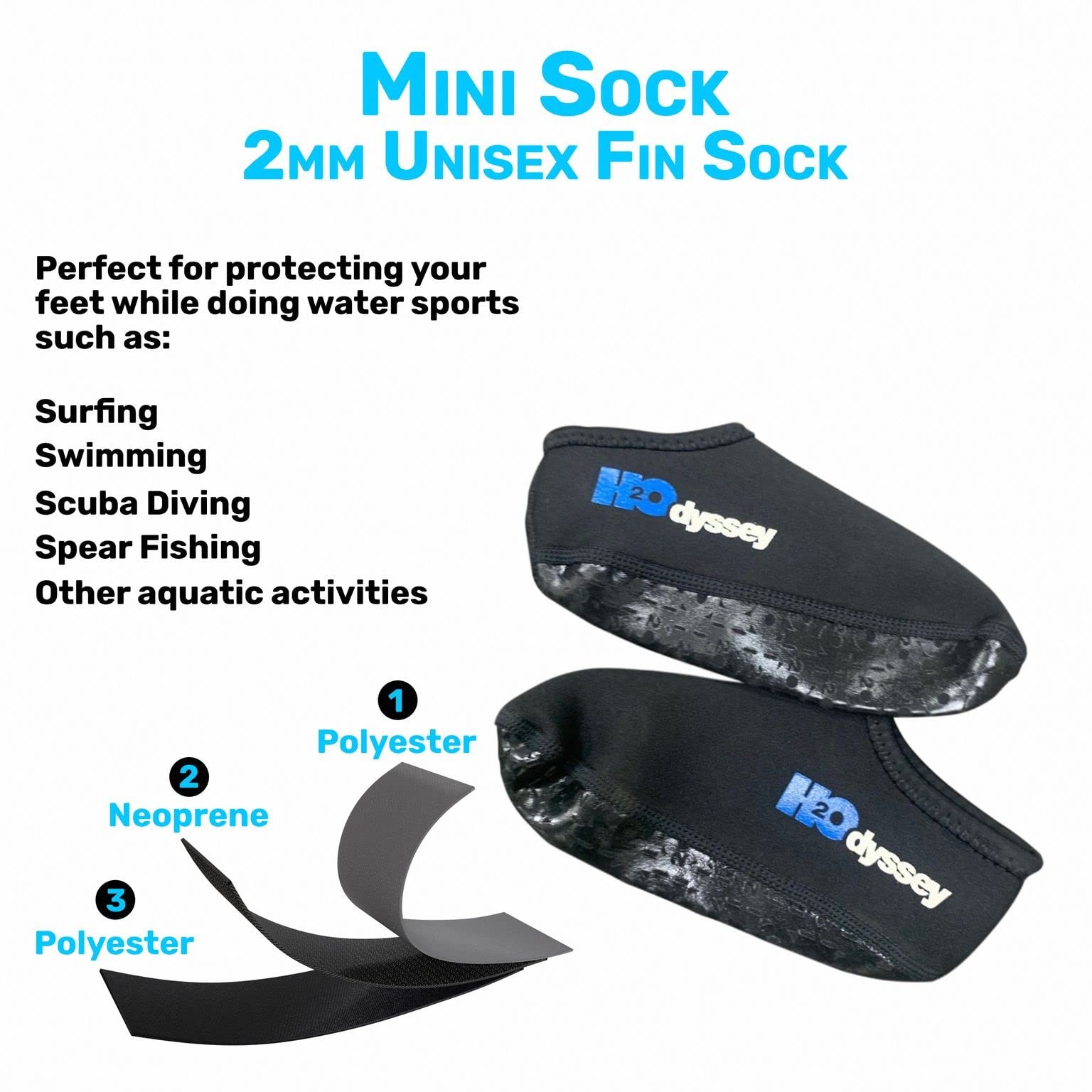 H2ODYSSEY 2mm Neoprene Fin Socks – Anti‑Blister Snorkeling & Large, Black