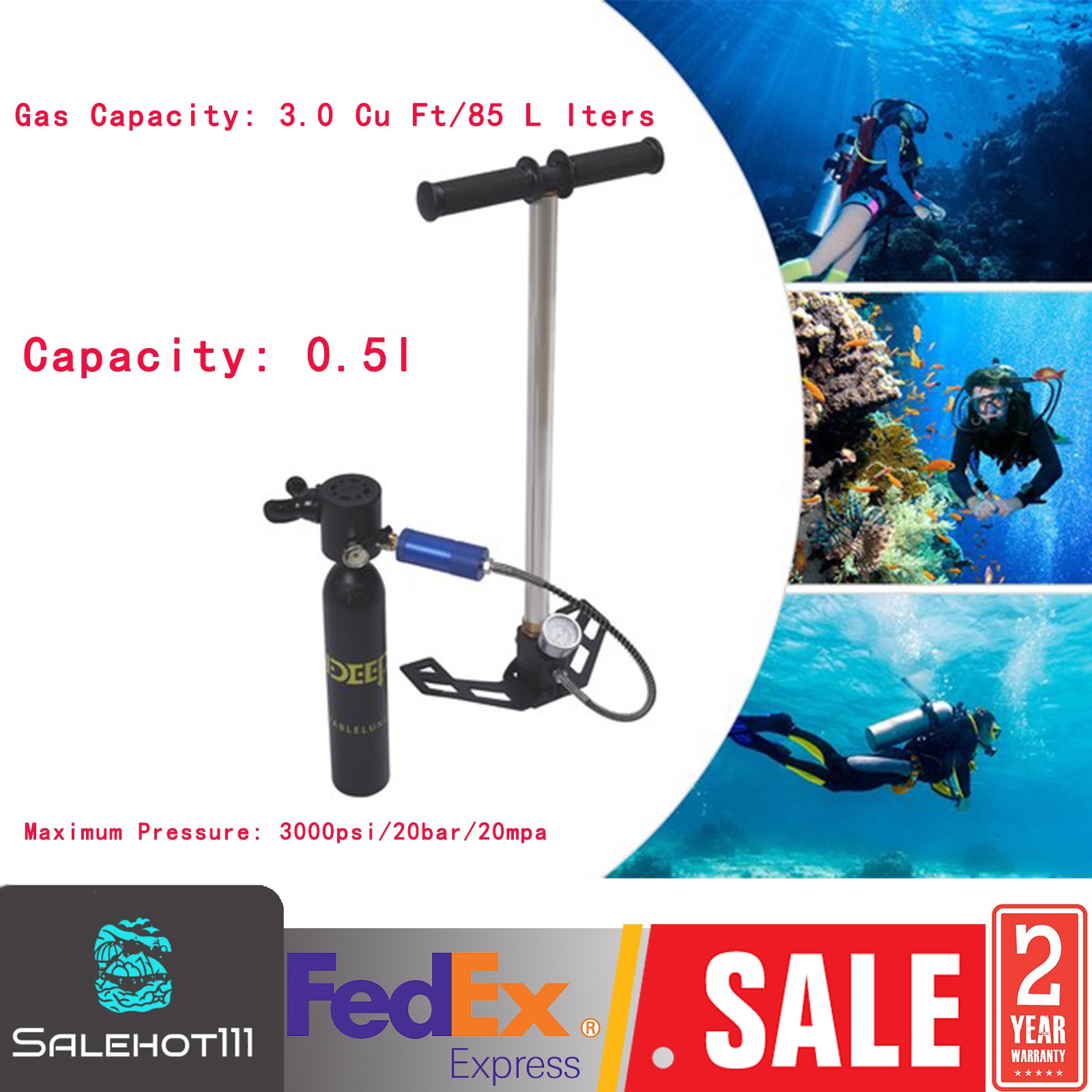 0.5L Oxygen Tank Pump Equipment Underwater Breath Mini Scuba Diving Case Kit
