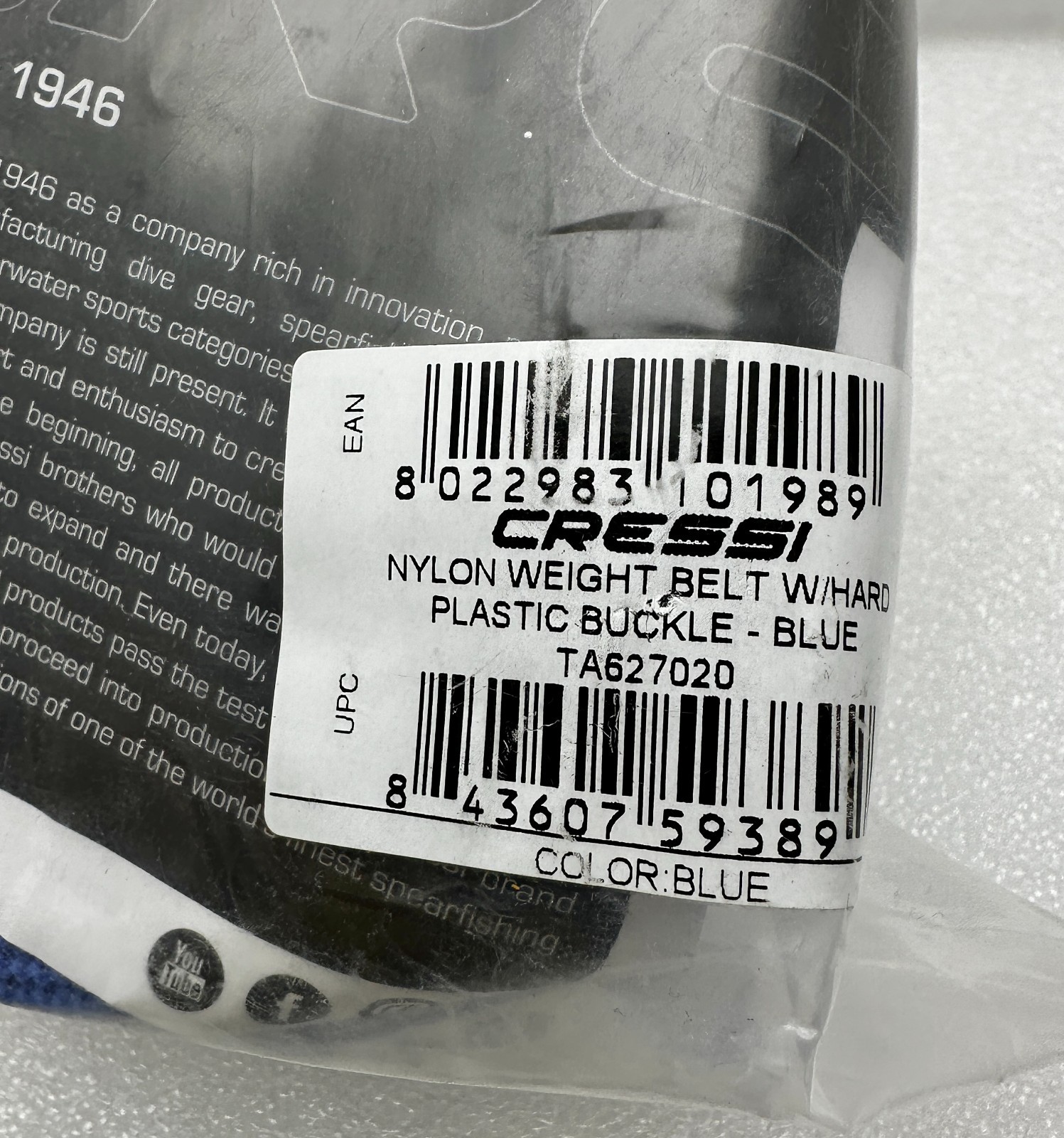 Cressi Weight Belt Nylon Quick Release Plastic Buckle Scuba Diving Belt Blue