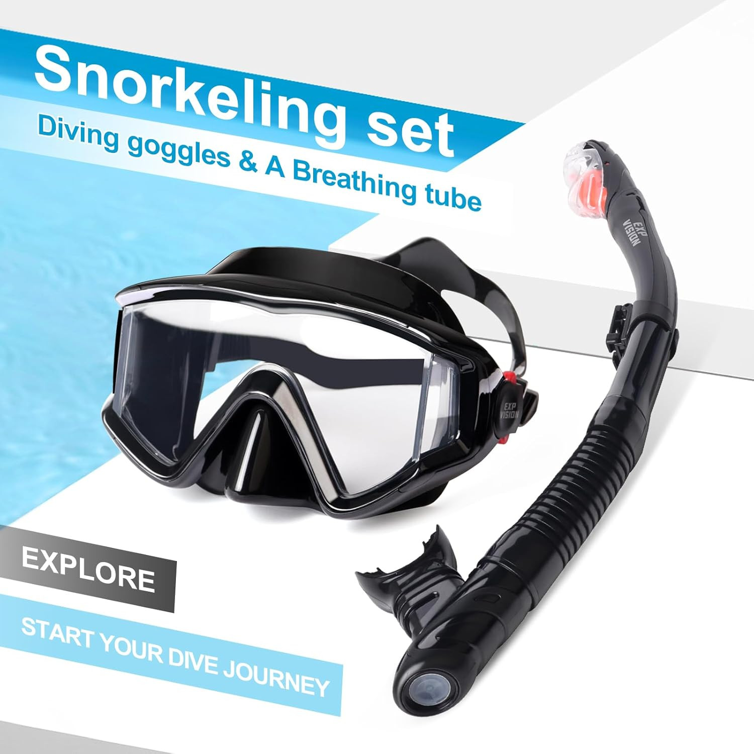 Snorkel Set Pano 3 Window Adult Snorkeling Gear, Professional Snorkel Goggles An