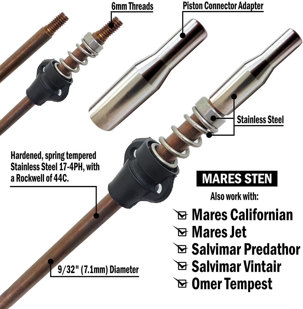 9/32”/7mm Pneumatic Speargun Spear Shaft 6mm Thread 17-4PH Stainless Rigged
