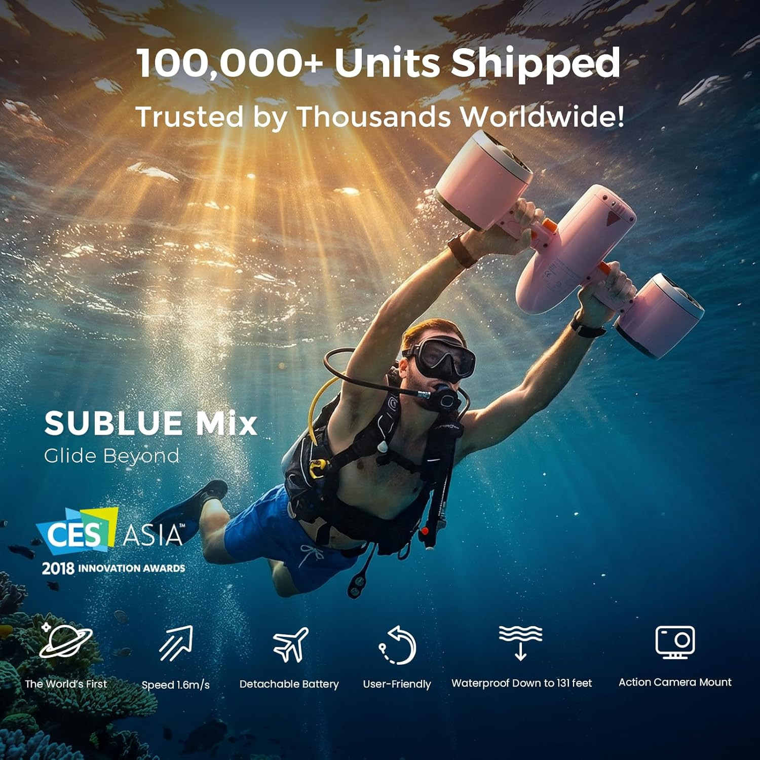 Mix Underwater Scooter with Action Camera Mount 30 Minutes 22Lbf 131Ft Waterproo