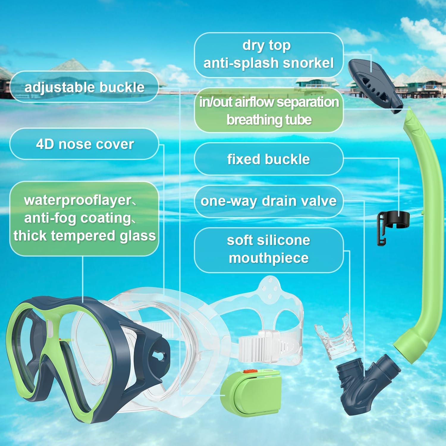 Gintenco Snorkeling Gear for Kids, Dry Top Kids Dark Green/Navy Blue