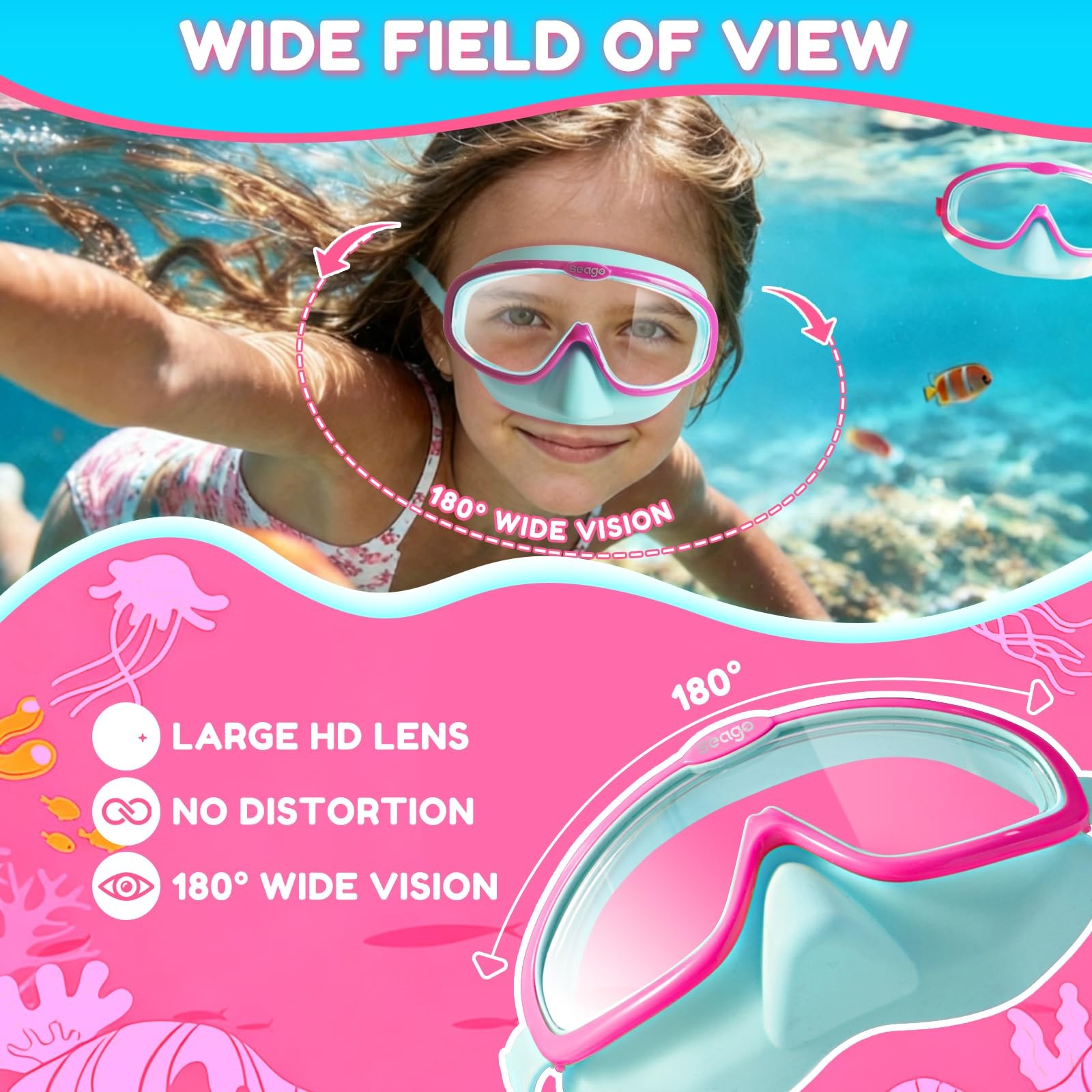 Seago Kids Swim Goggles 2 Pack for 3-12, One Size, Pink Green & Blue White