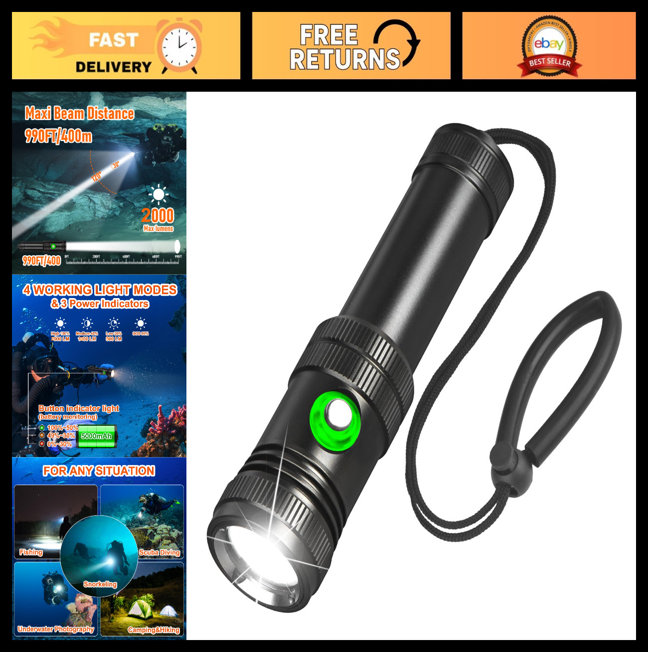 Super Bright 2000 Lumens Dive Light – 4 Modes, IP68 Waterproof, USB Rechargeable