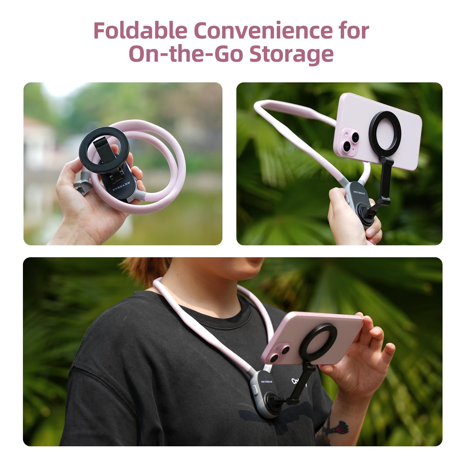 REYGEAK Magnetic POV/Vlog Phone Neck Mount 4 x 10 x 15 inches, Sakura Pink