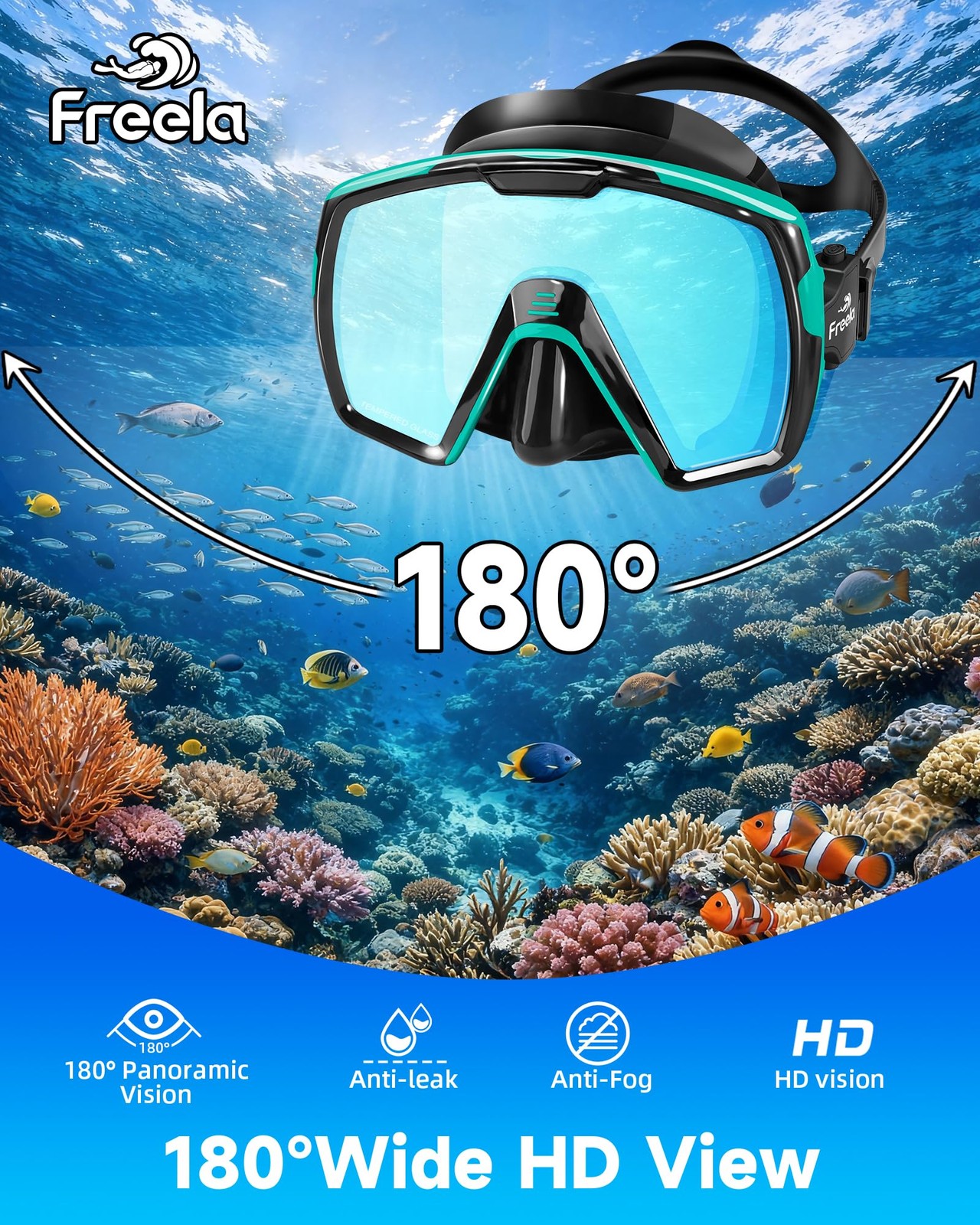 Adult Dry Snorkel Set Scuba Diving Mask with Mirrored Blue Len, Tempered Glas…