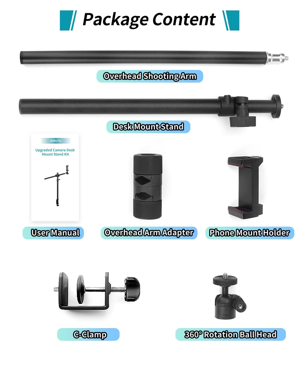Overhead Camera Mount Desk Stand, Arm Clamp 1DFPGBL, Black