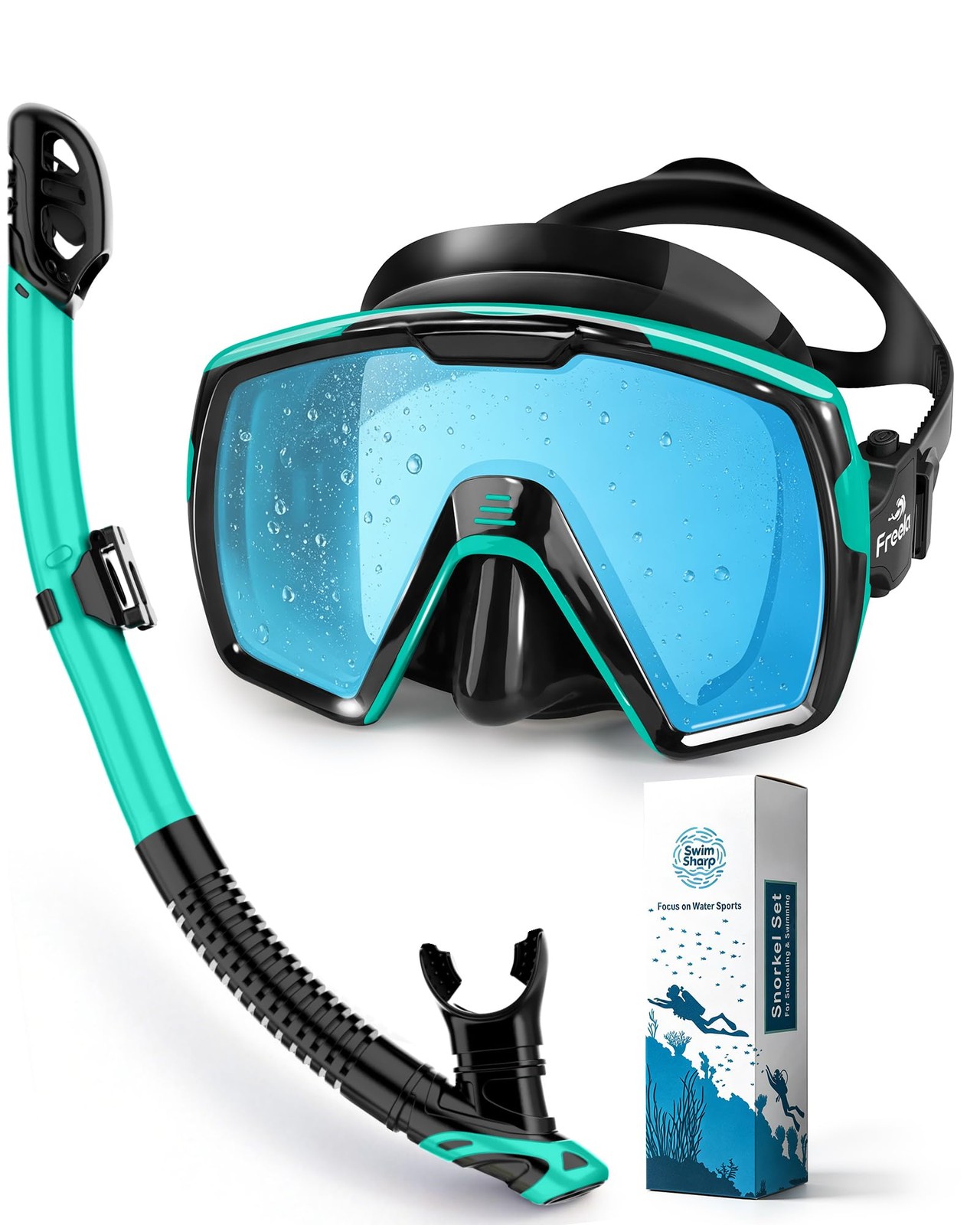 Adult Dry Snorkel Set Scuba Diving Mask with Mirrored Blue Len, Tempered Glas…
