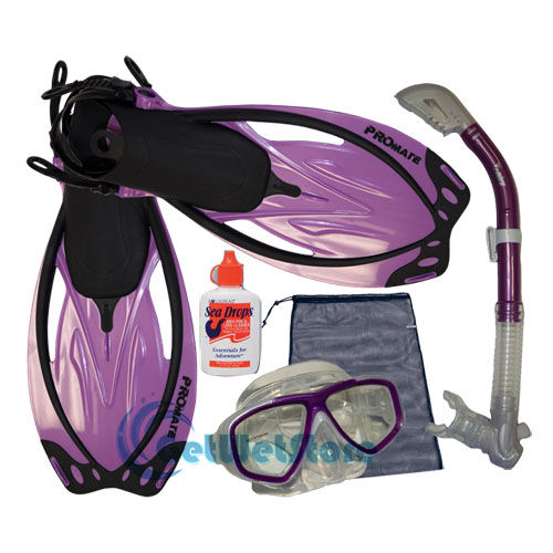 Snorkeling Dive Mask Dry Snorkel Fins Flippers Gear Bag Set with Sea Drops Defog