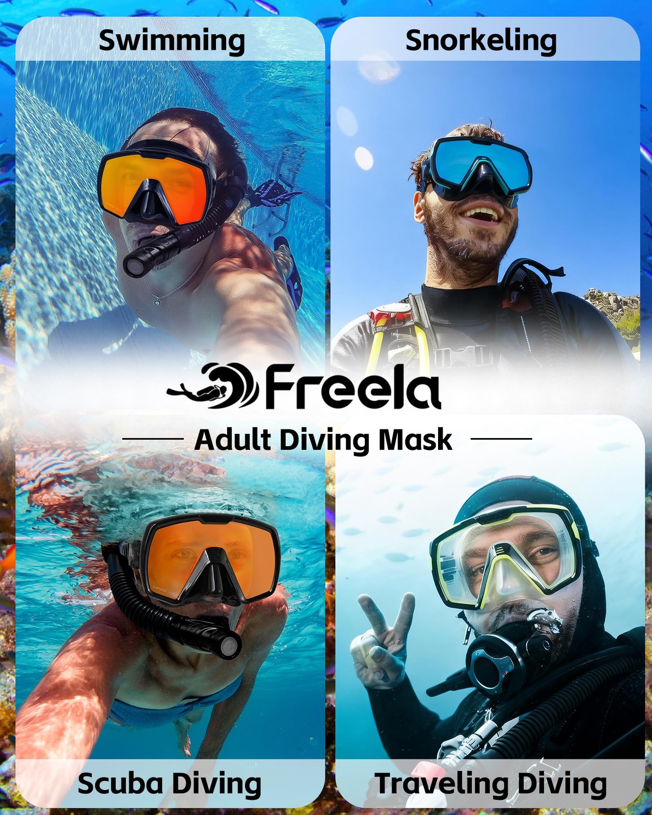 Adult Dry Snorkel Set Scuba Diving Mask with Mirrored Blue Len, Tempered Glas…