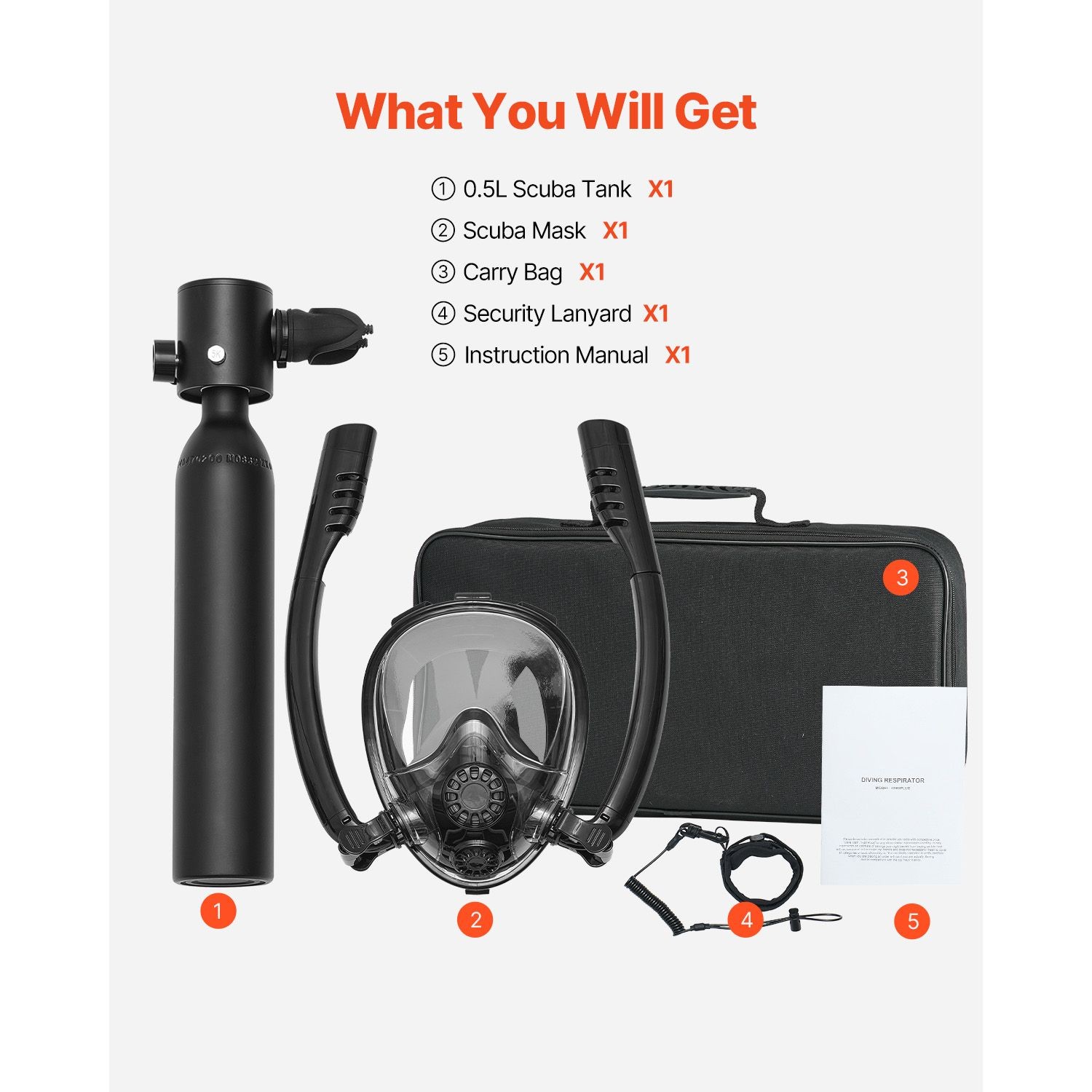 0.5L Scuba Tank Kit, 98.43ft Depth, 10 Min Breath with Mask