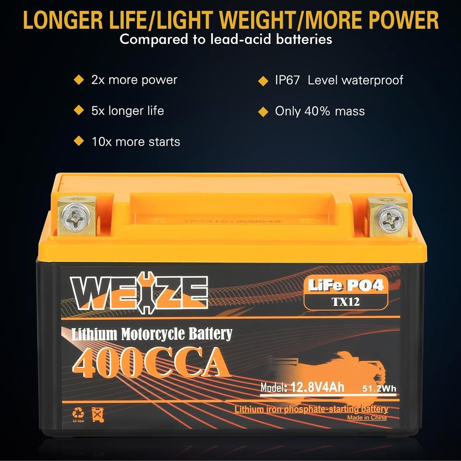 Weize Lithium YTX9, 400A LiFePO4 Motorcycle Battery YTX12, 12V 4AH YTX7 ATV, UT