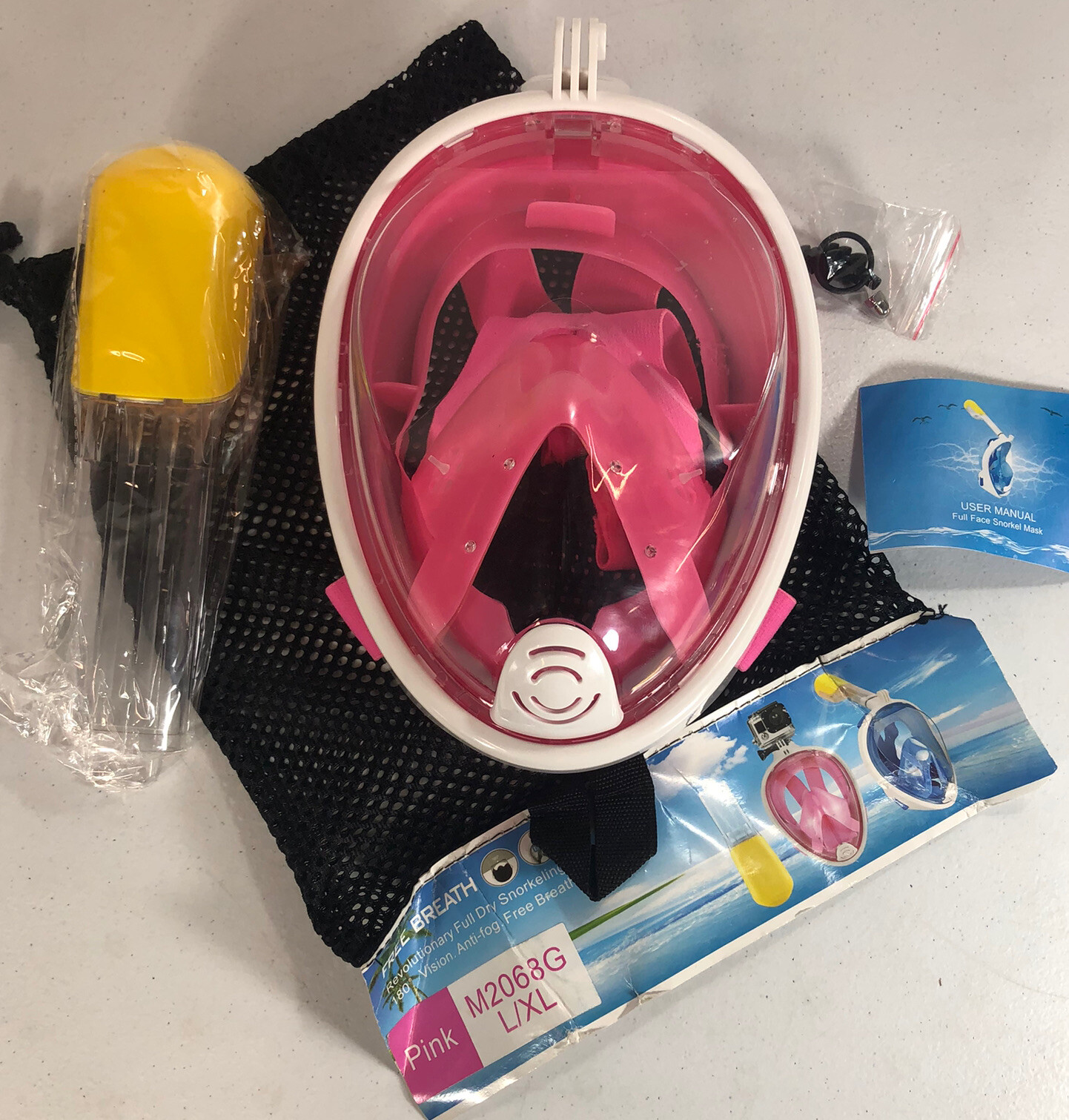 ADULT Full Face Dry Top Snorkel Mask Set, 180 L/XL Pink GoPro Compatible Unisex