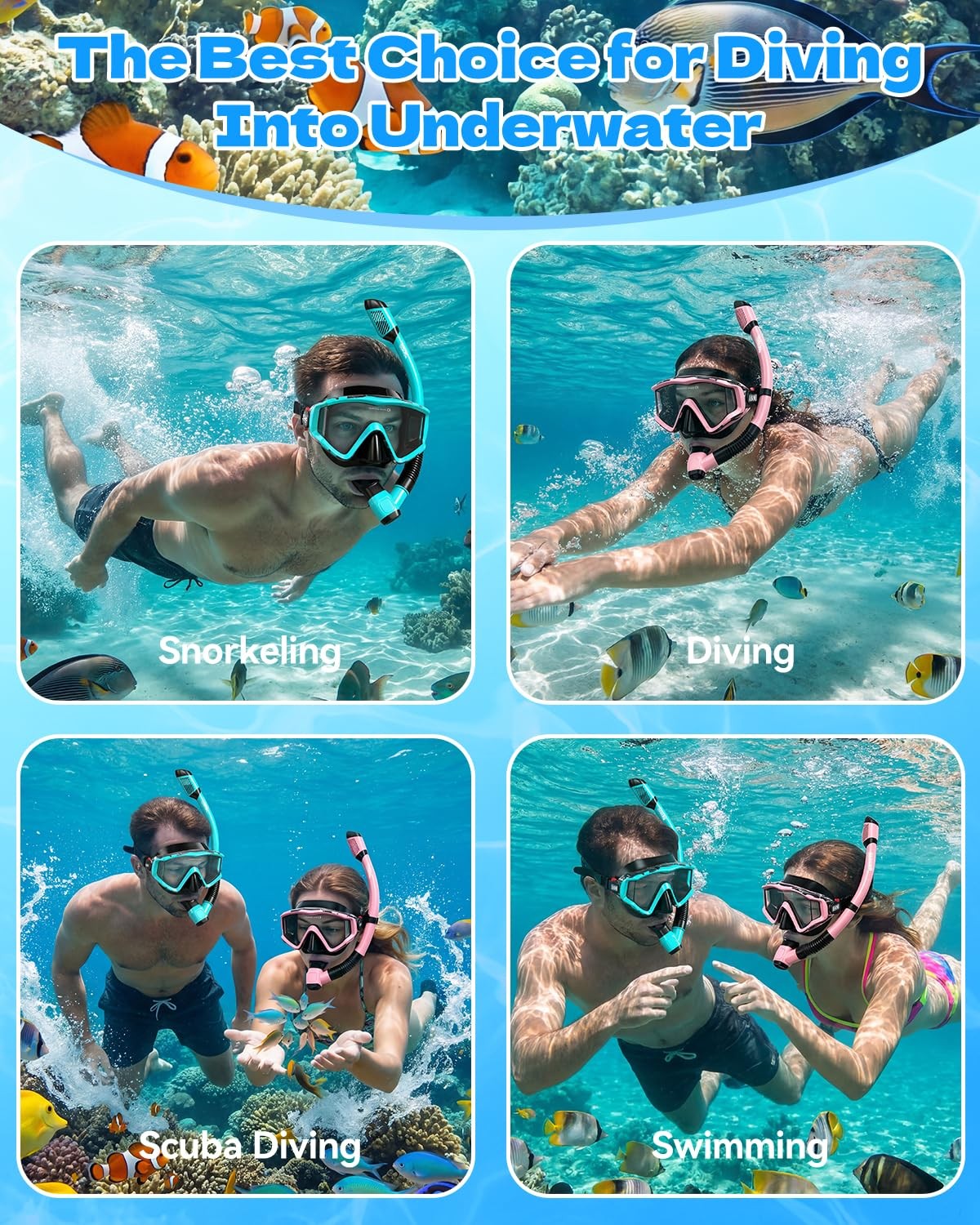 Aegend Snorkel Diving Mask For Adult Men Women Diving Goggles Anti-Fog Tempered