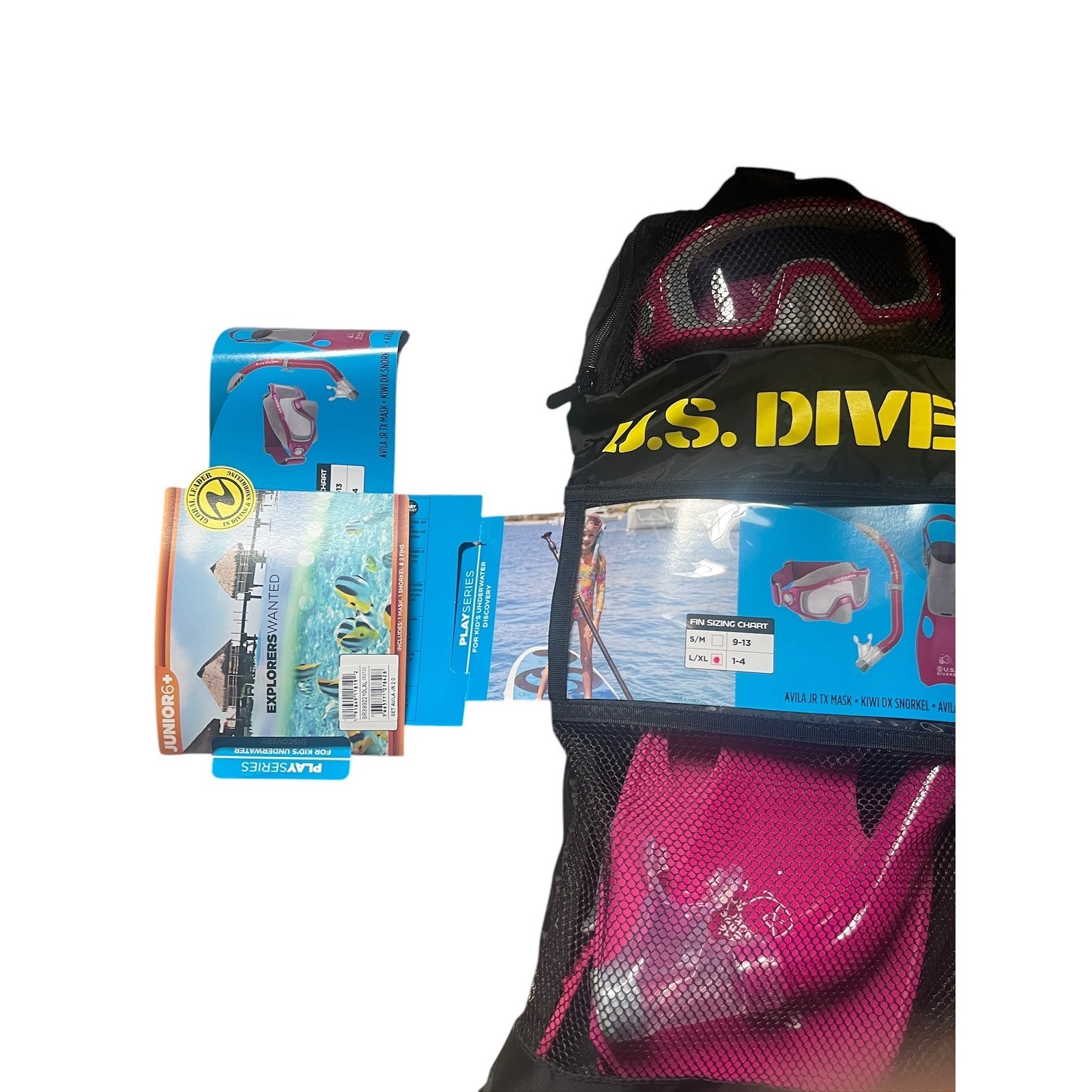 US Divers Junior Snorkeling Set Pink Avila Jr Mask Kiwi DX Snorkel Fins L/XL 1-4