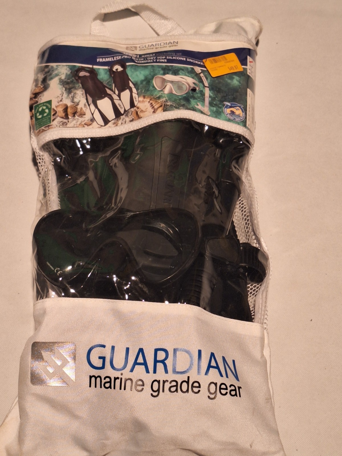 Guardian USVI Adult Snorkeling Set S/M Frameless Mask Dry Top Snorkel Fins