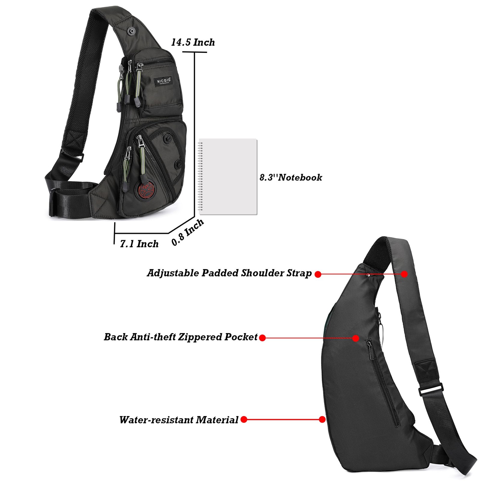 NICGID Sling Bag Chest Shoulder Backpack Crossbody Bags Casual Small, Black
