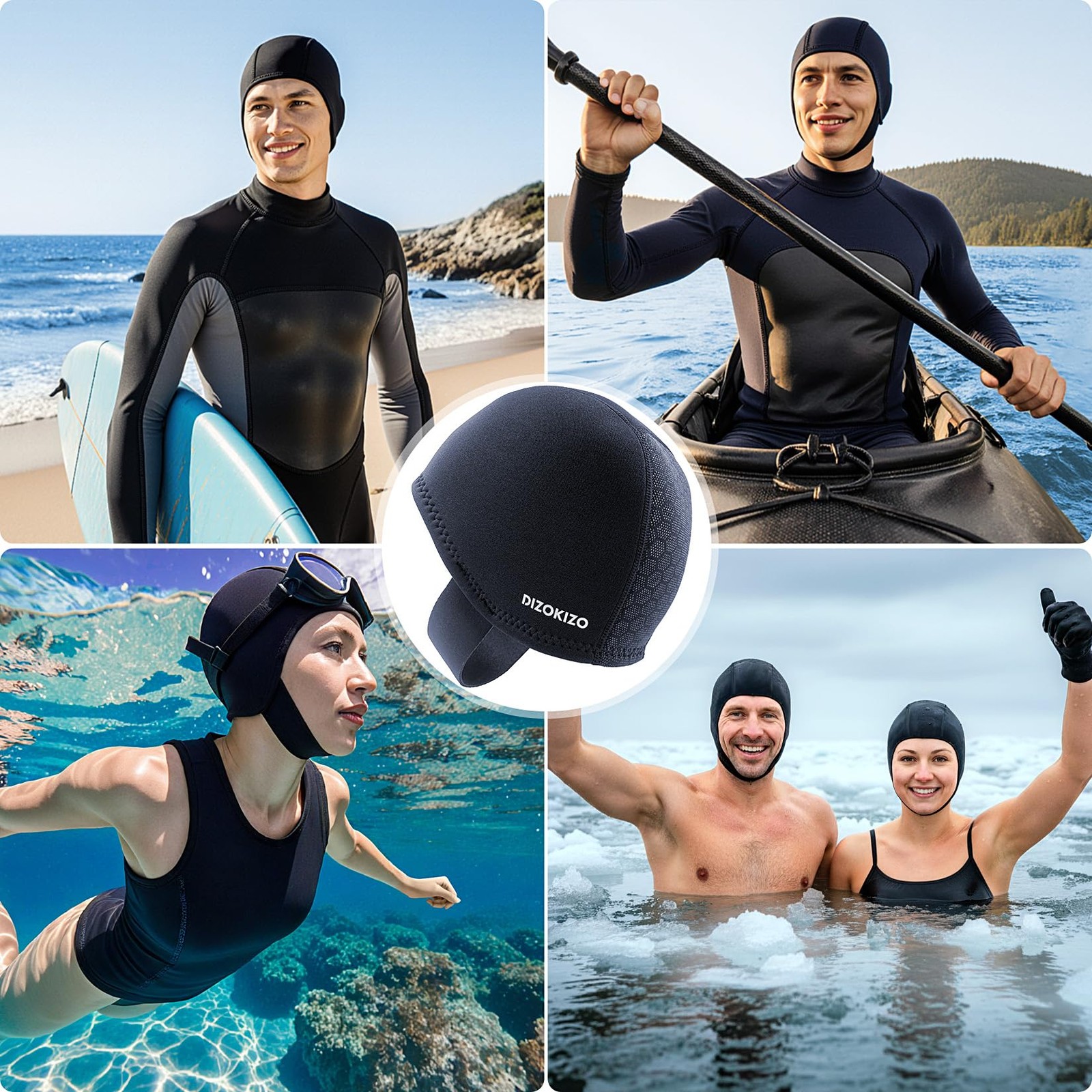 Dizokizo Neoprene Diving Hood for Men Women, Medium, Black-with Straps
