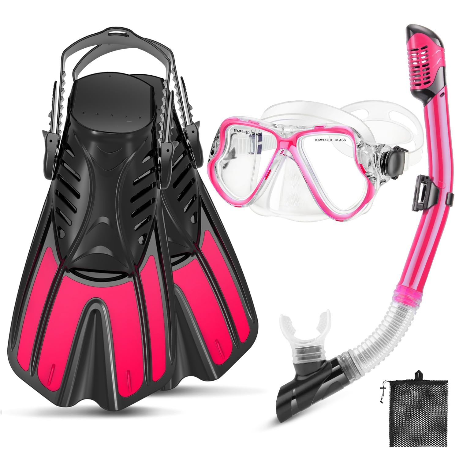 PIYAZI Snorkeling Gear for Adults, 4 in 1 Adult 42-47, Pink/Transparent