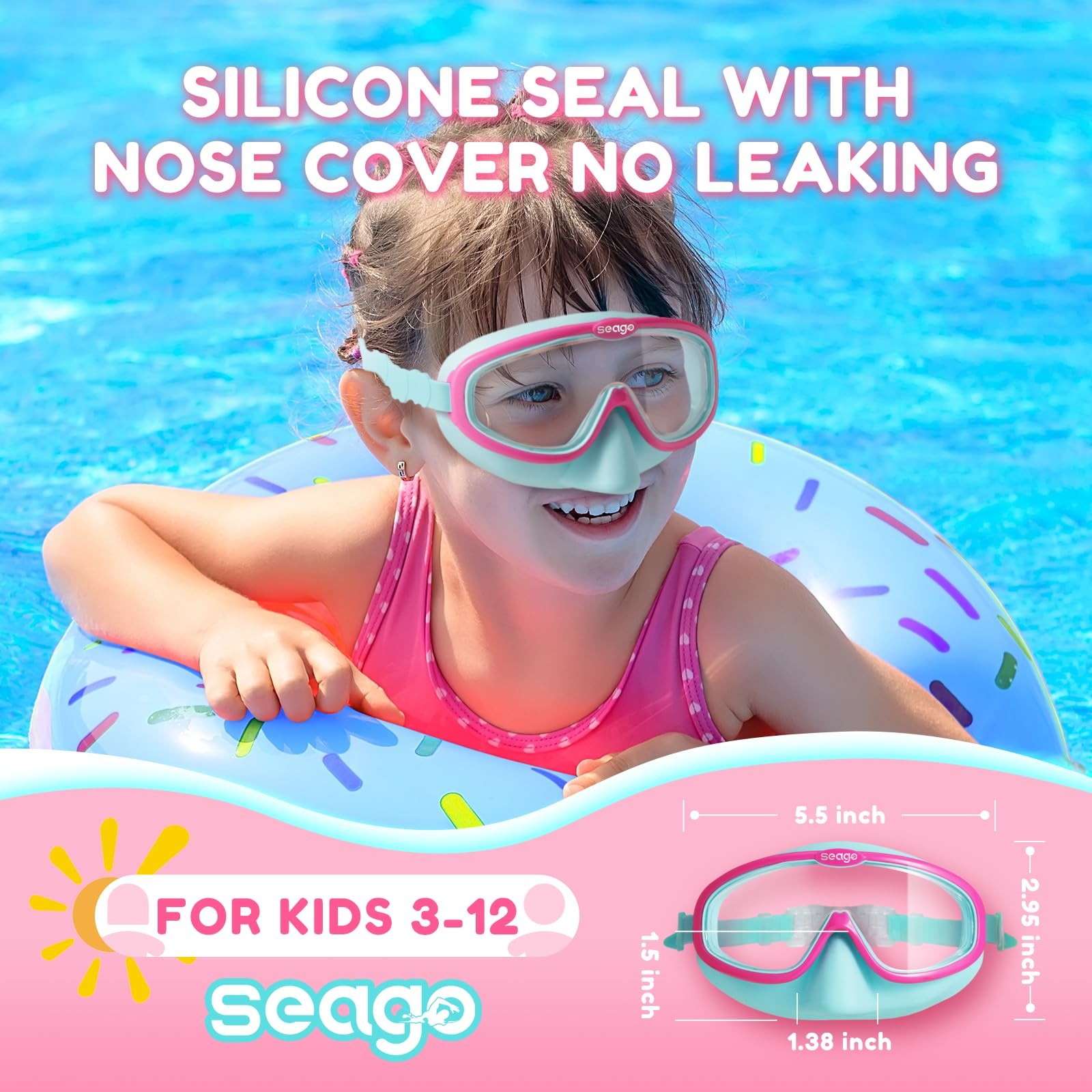 Seago Kids Swim Goggles 2 Pack for 3-12, One Size, Pink Green & Blue White