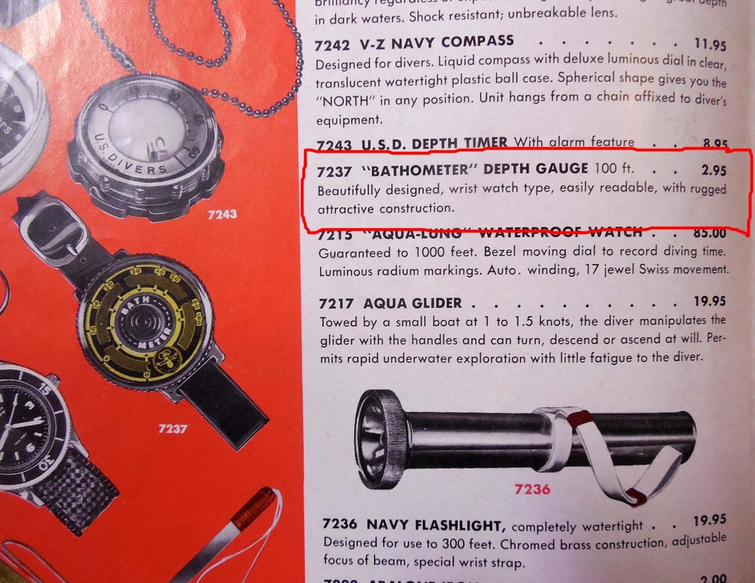 1960 US DIVERS BATHOMETER CAPILLARY DEPTH GAUGE – 0-100 FEET – HARD TO FIND