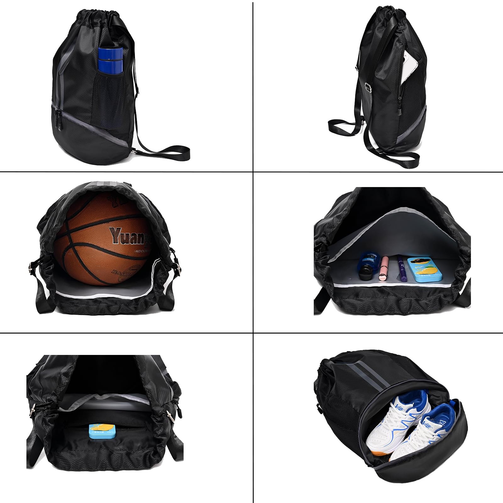 LOKAPEGY Black Drawstring Gym Bag for Men, Waterproof Large,