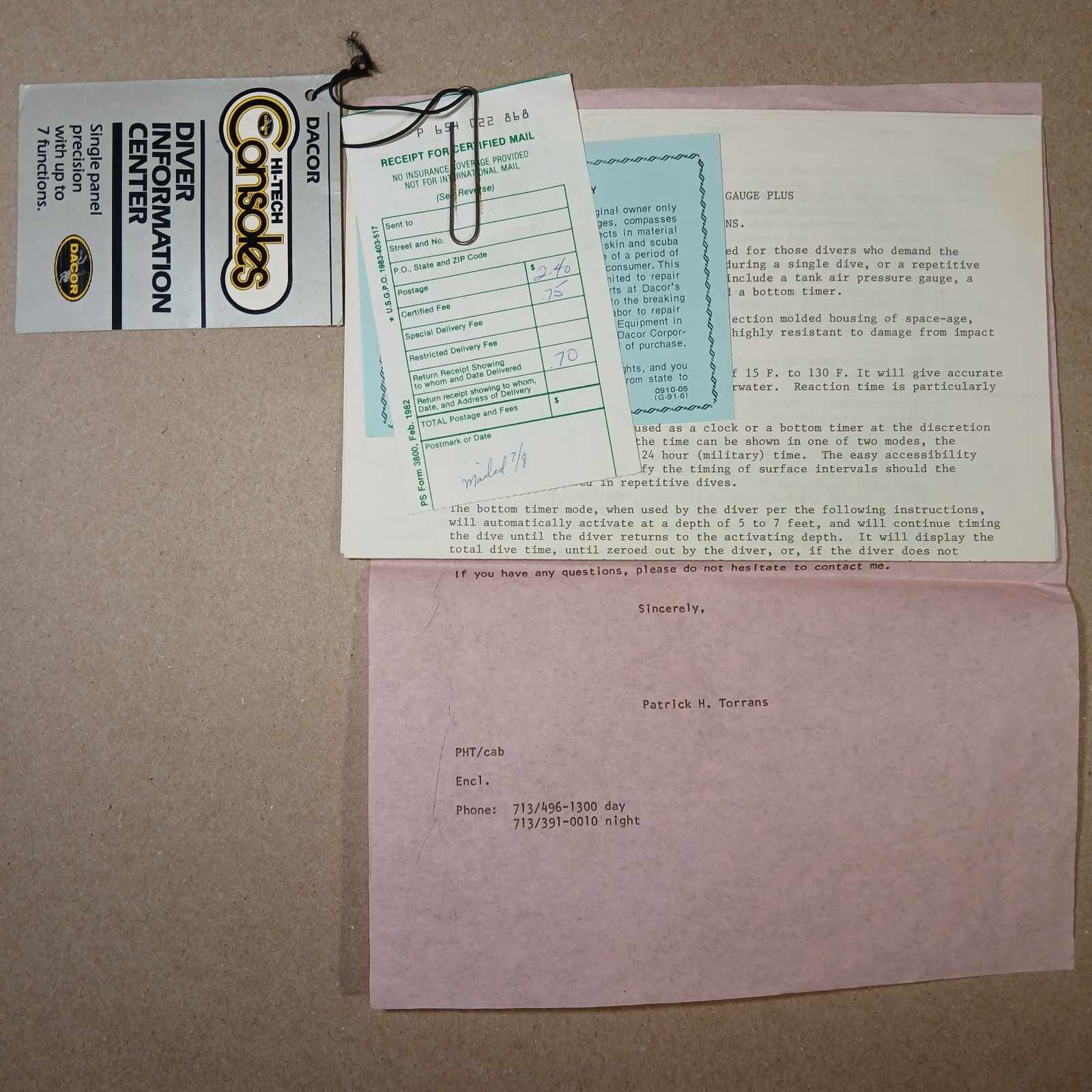 Dacor Vintage Dive Gauge Console SPG 240ft Depth 4000psi Brand New w/ Documents