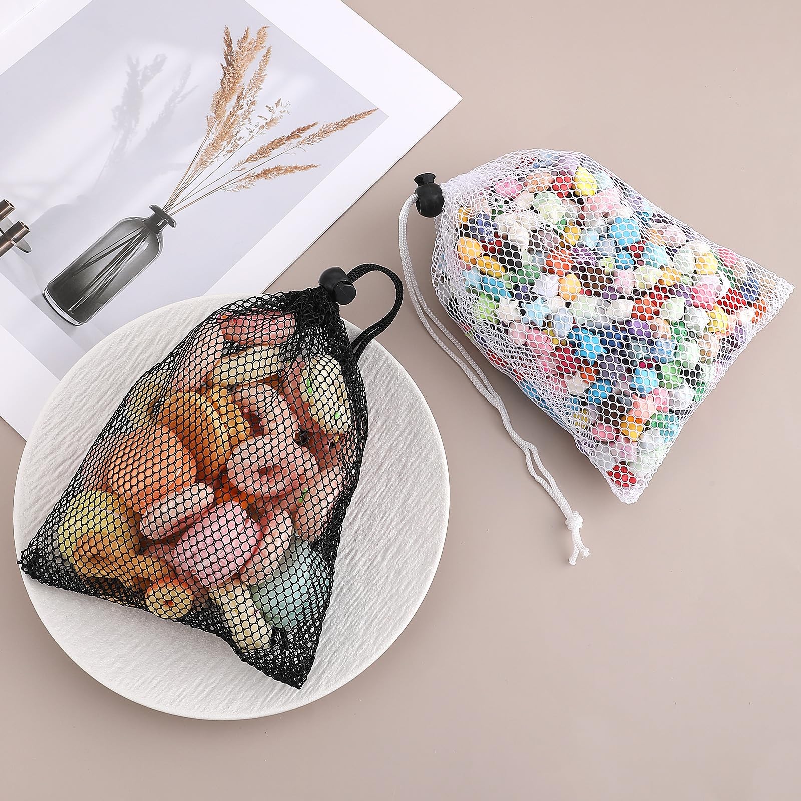 6PCS Small Mesh Drawstring Bags, 20 x 15 cm (7.87 × 5.9 Inch), Black White