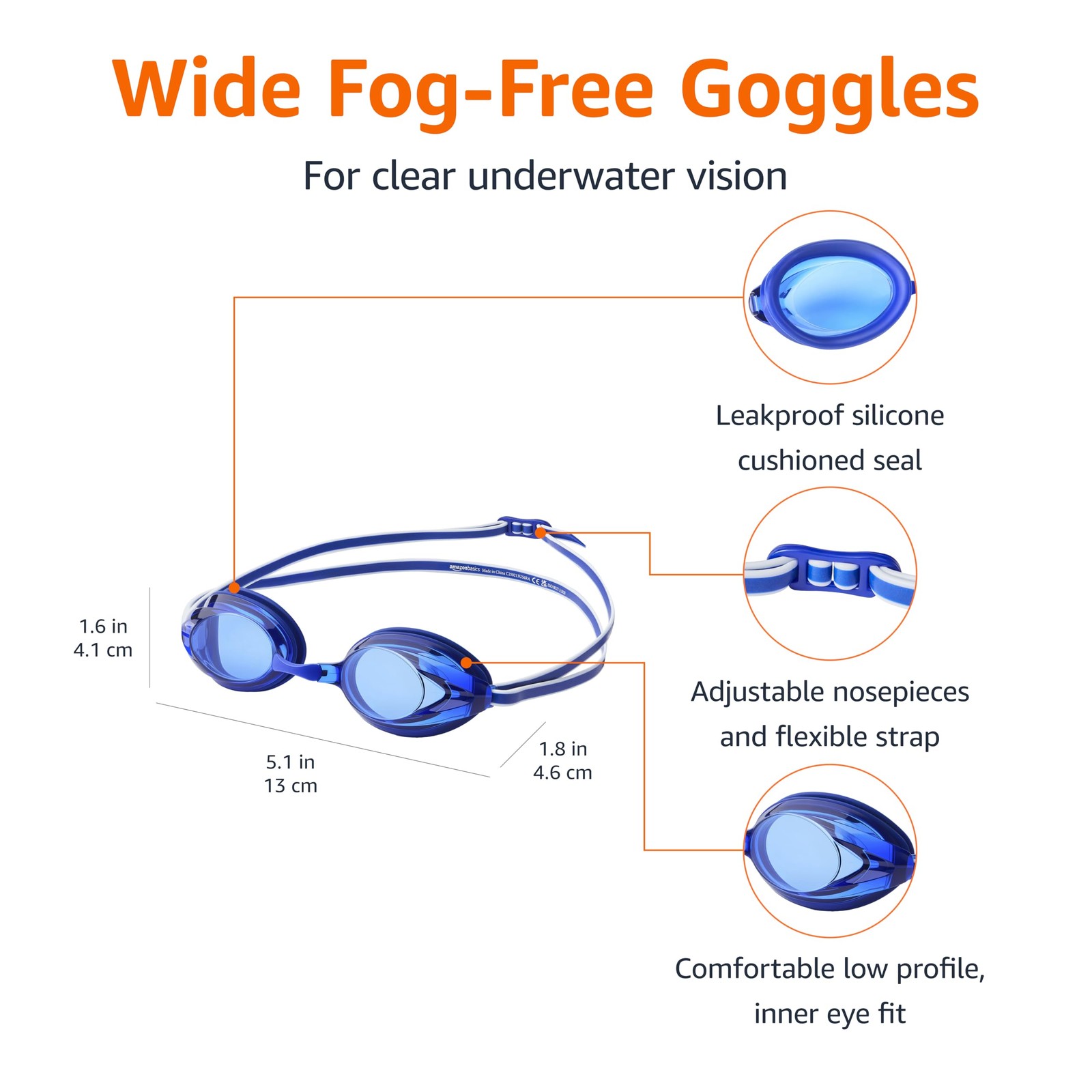 Amazon Basics Unisex Anti-Fog Swimming Goggles for Adults, Blue Adult,