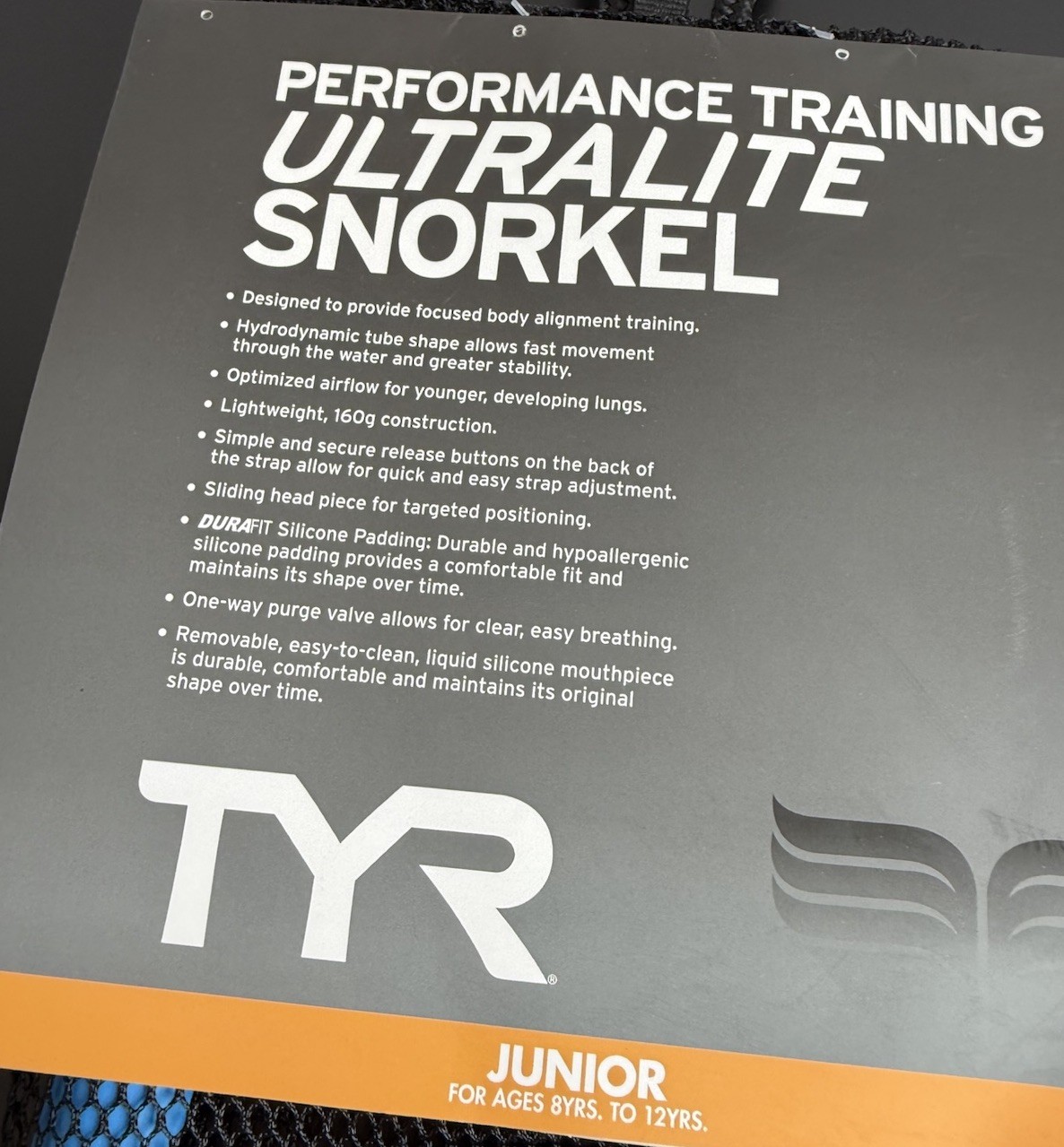 TYR Ultralight Snorkel Purge Valve Silicone Padding Blue Junior Size 8-12 Years