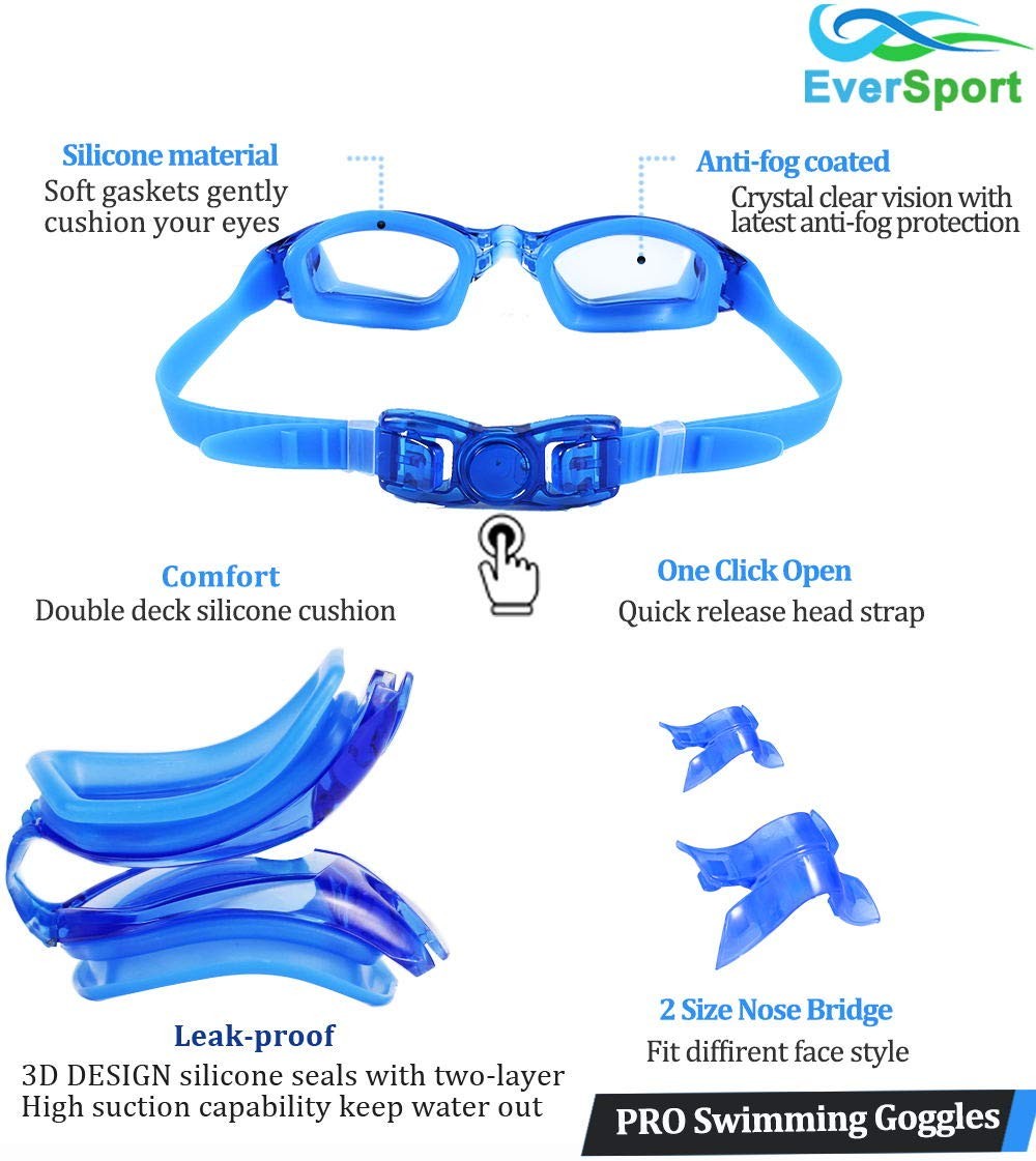 EverSport Swim Goggles, Swimming Glasses for Adult Men Crystal Blue & Black