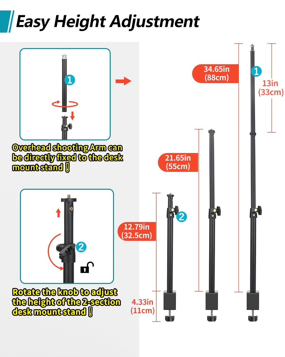 Overhead Camera Mount Desk Stand, Arm Clamp 1DFPGBL, Black