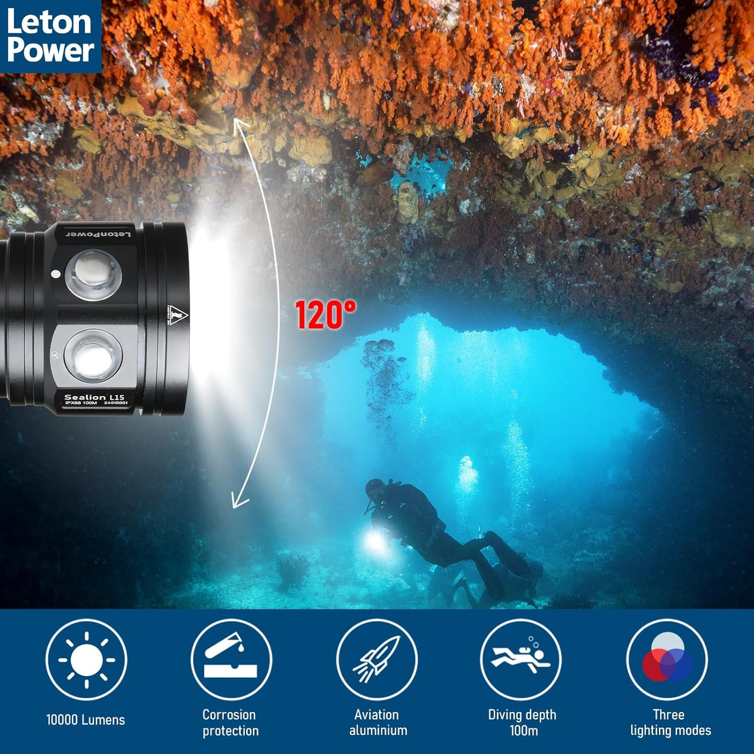 L15 10000 Lumens Underwater Video Light – 100M (330Ft) Waterproof Dive Video Lig