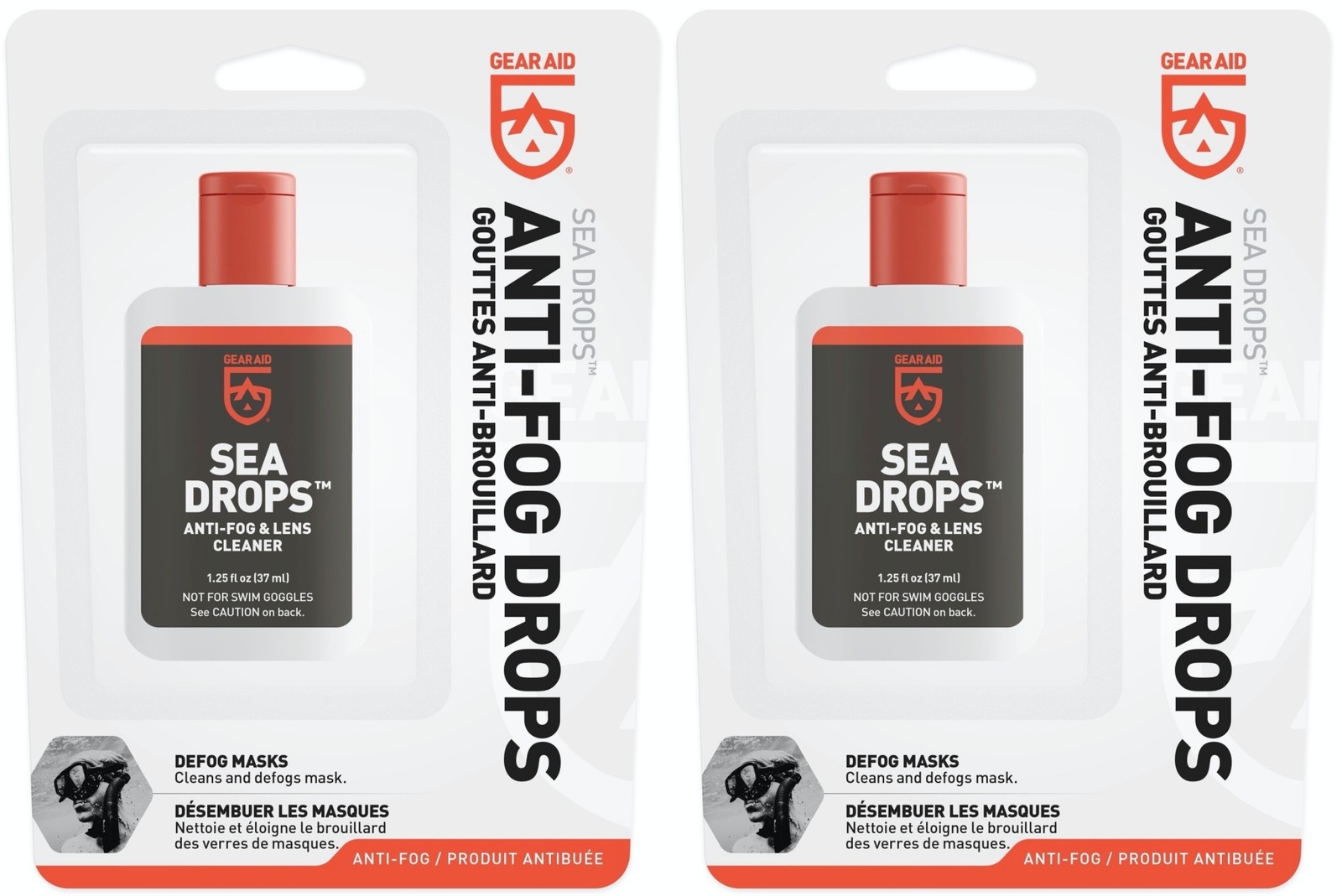 Gear Aid Sea Drops Anti-Fog and Lens Cleaner Clear 1.25oz Defogs Masks (2-Pack)