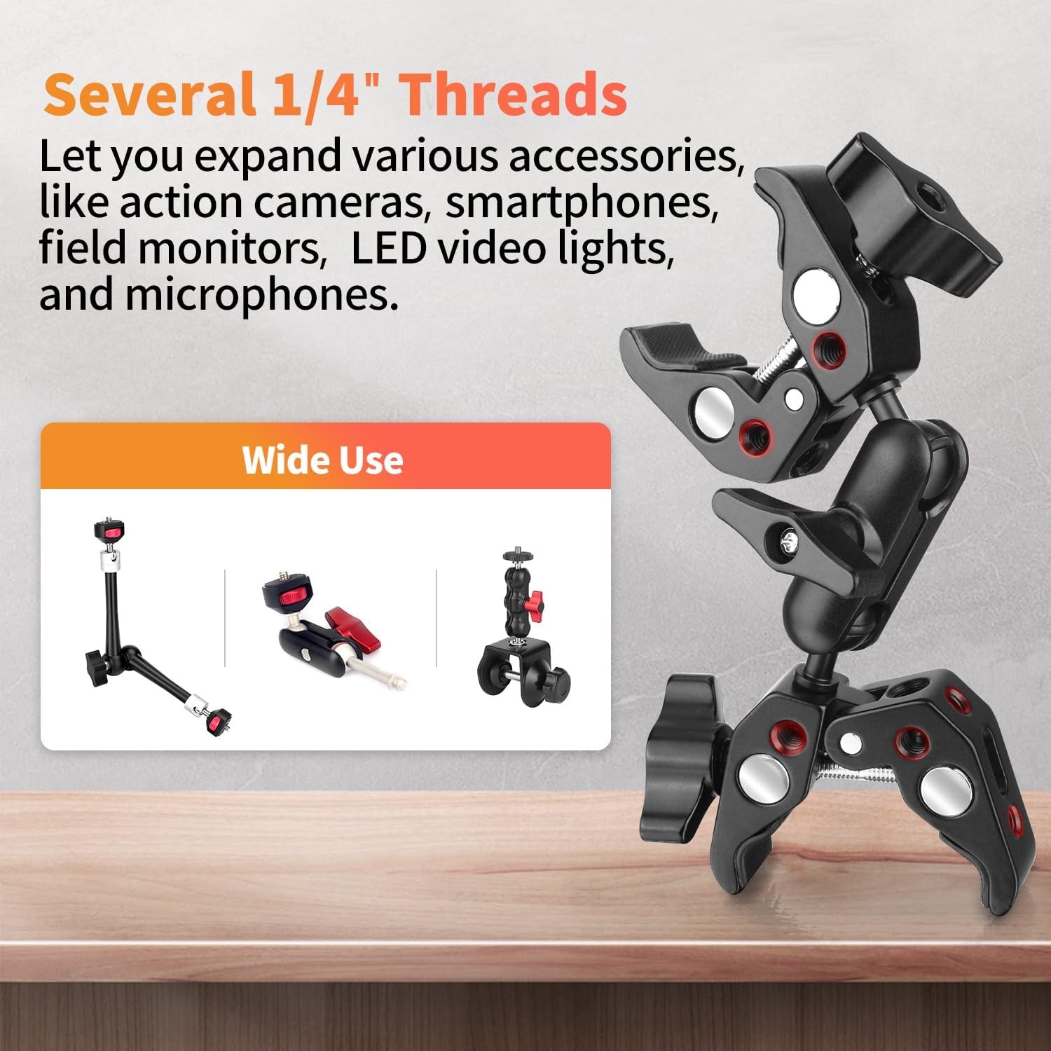 YAYOYA Double Super Clamp Camera Mount, Umbrella Holder Bracket 50mm, Black