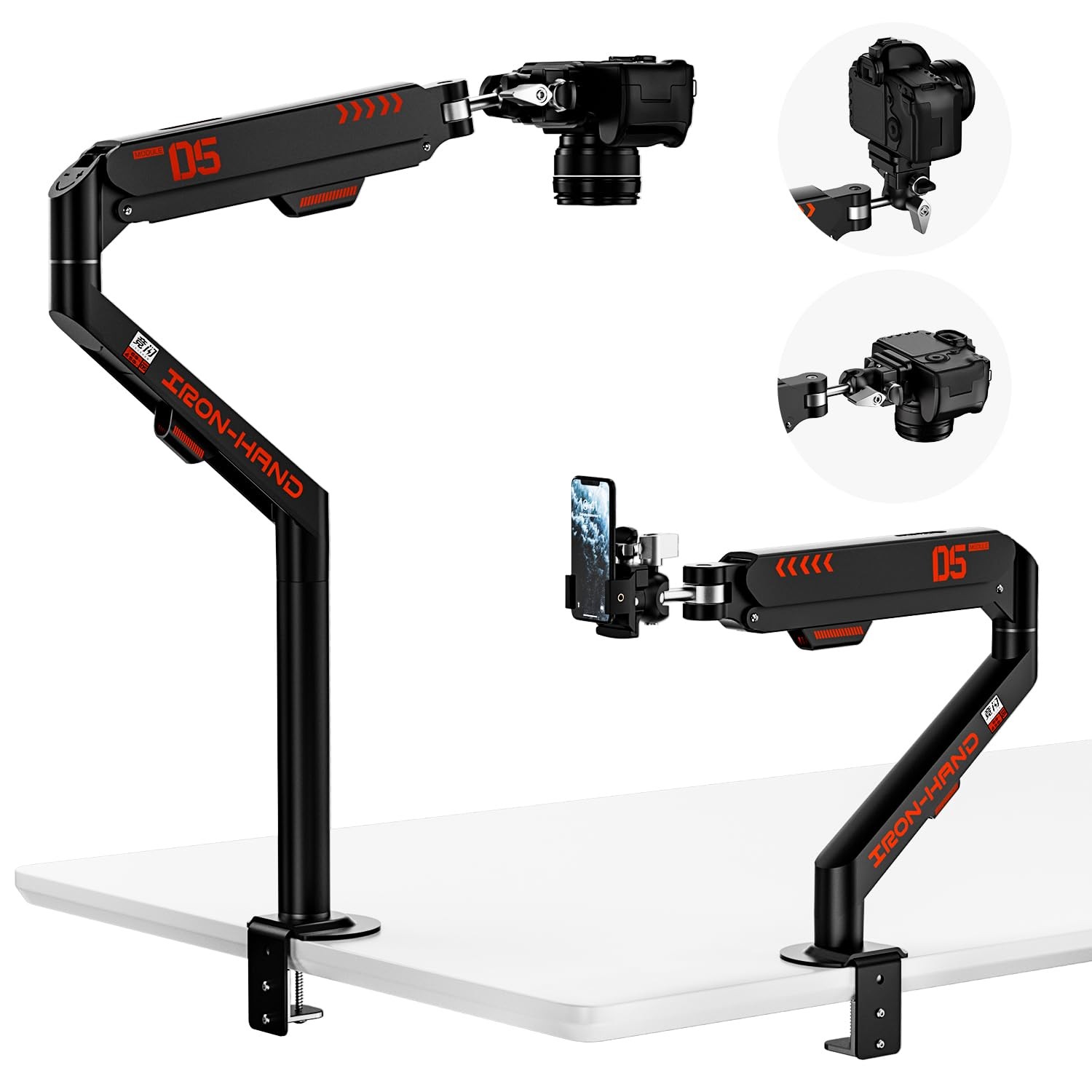 JINRAIKO Overhead Camera Mount with 360° Adjustable Arm & Phone Holder Black