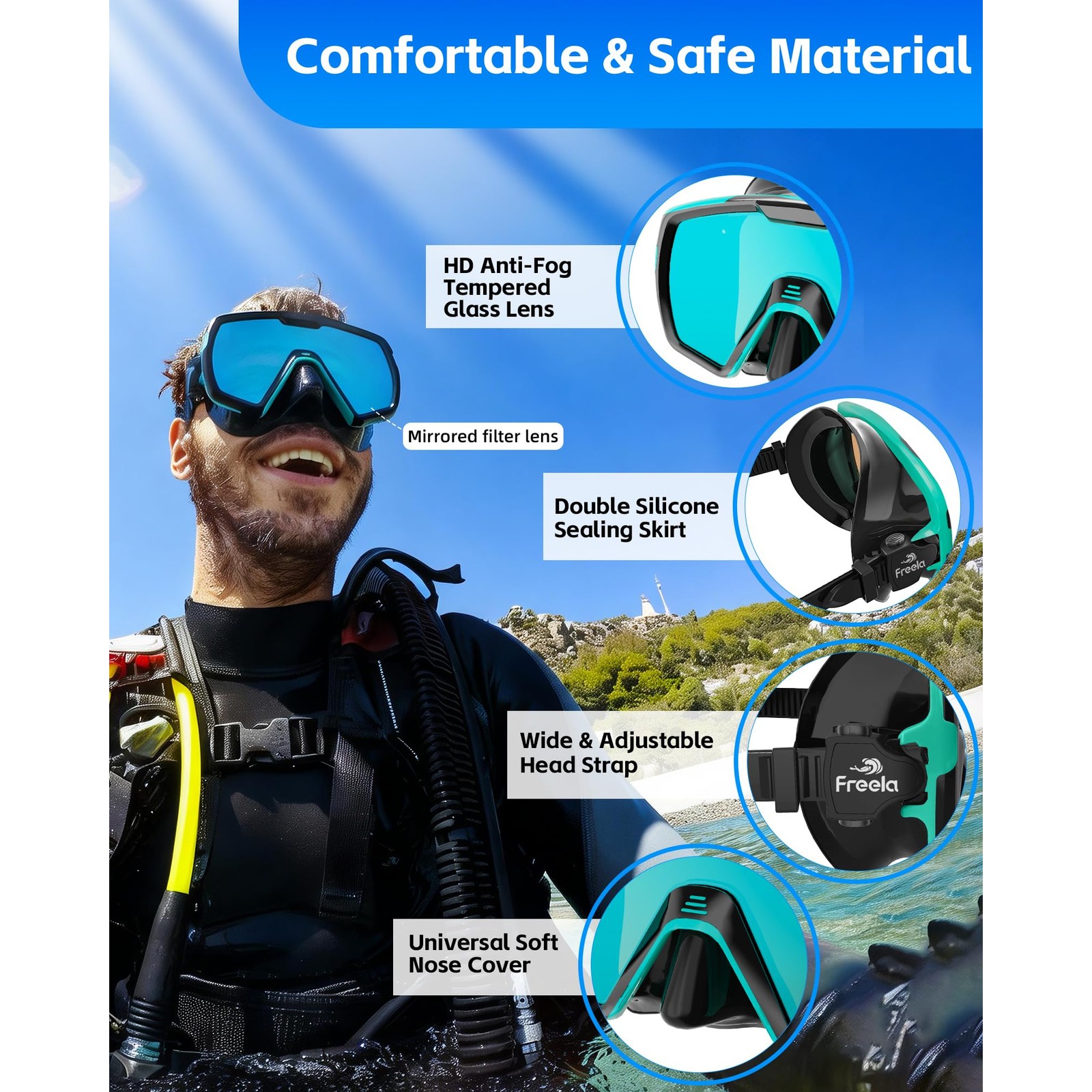 Adult Dry Snorkel Set Mirrored Lens Anti Fog 180 Wide View Scuba Diving Mask