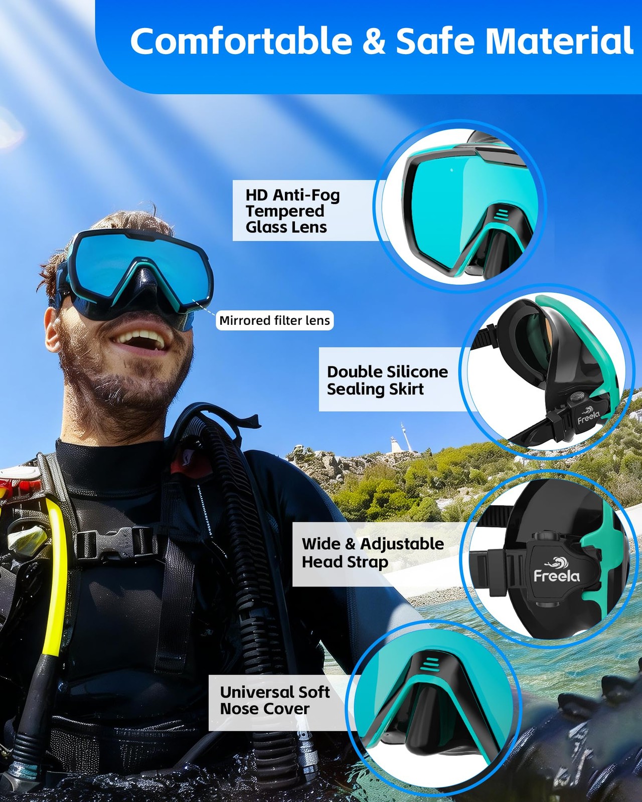 Adult Dry Snorkel Set Scuba Diving Mask with Mirrored Blue Len, Tempered Glas…