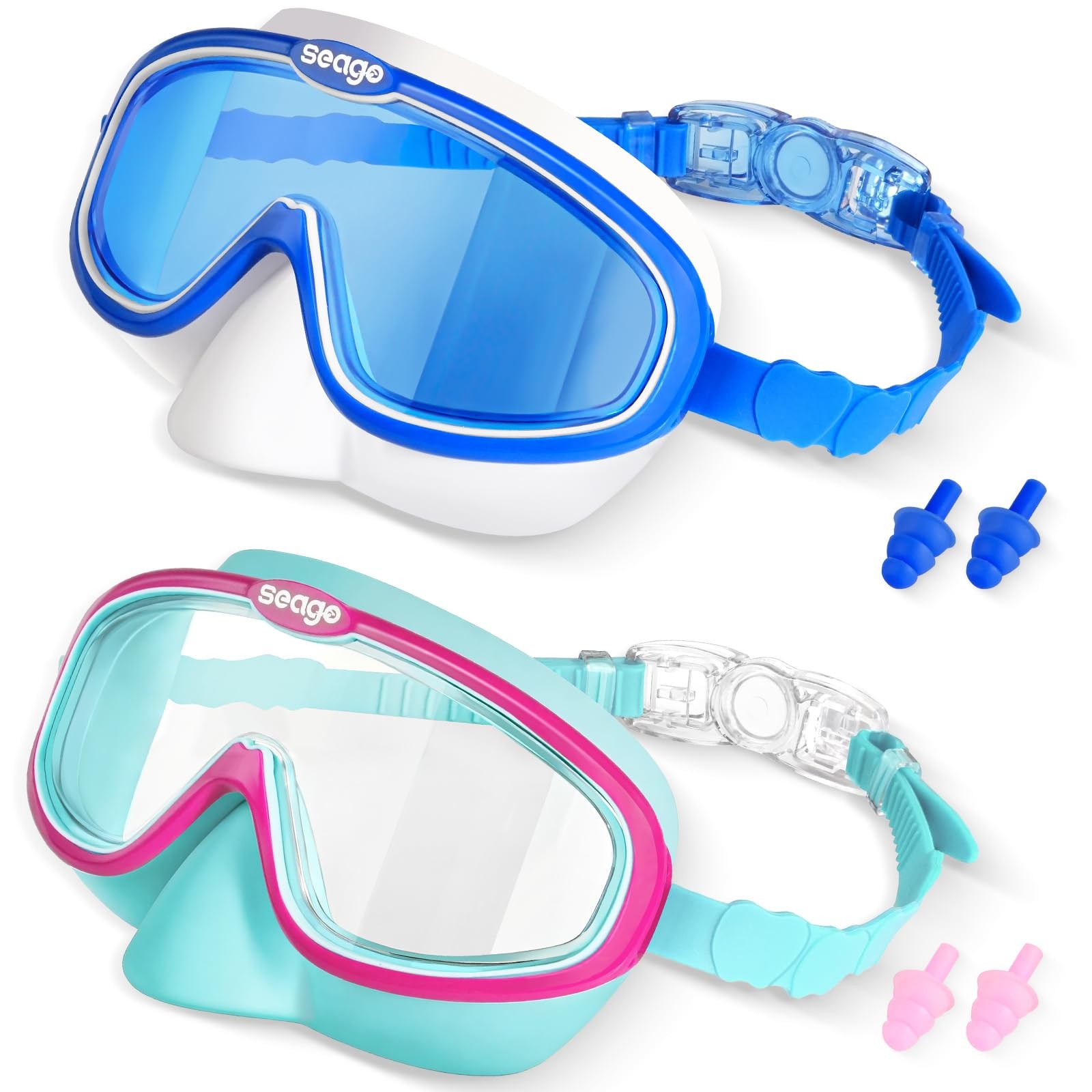 Seago Kids Swim Goggles 2 Pack for 3-12, One Size, Pink Green & Blue White