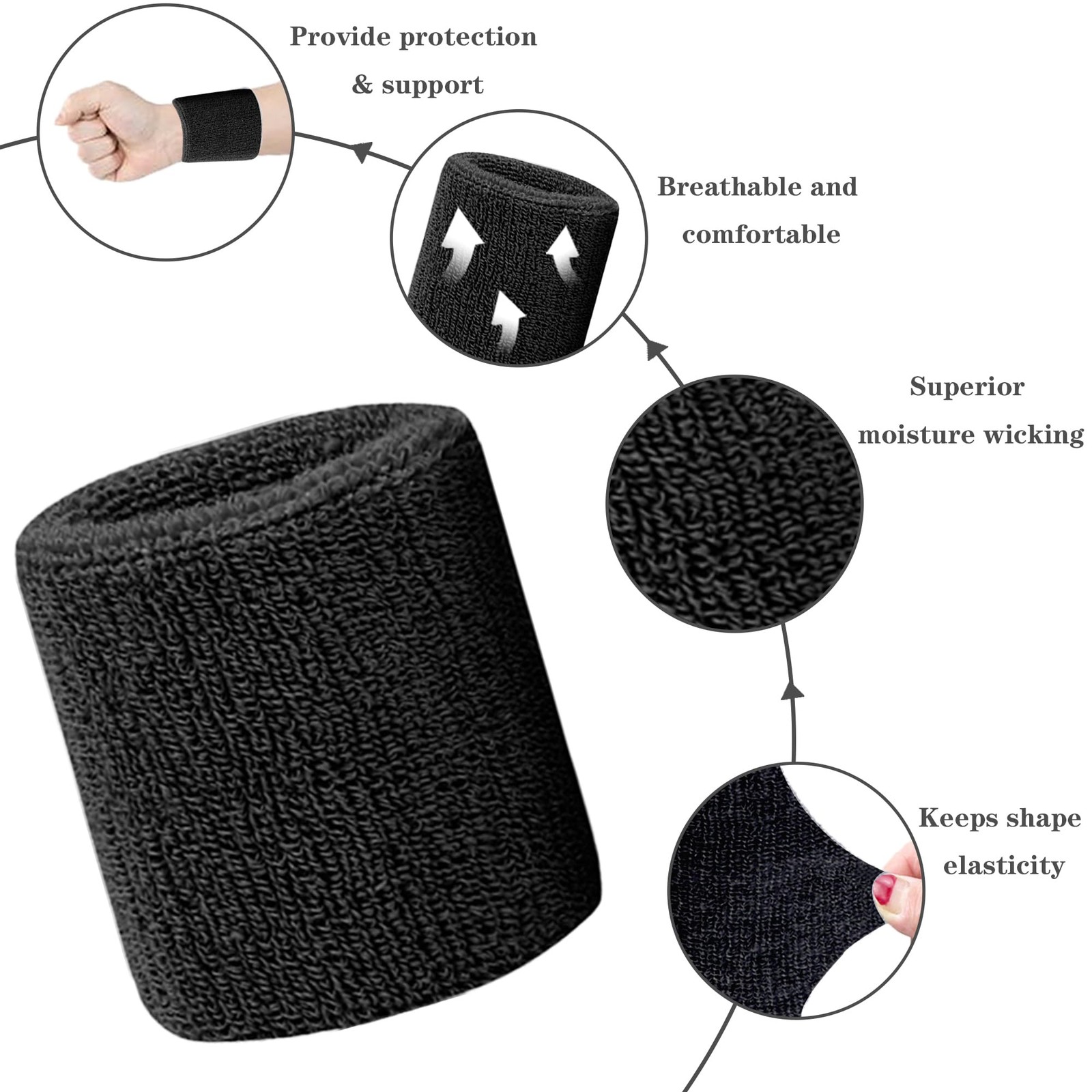 IMAGERIO 8 Pack Wrist Sweatbands Tennis Bands Absorbent Black, Black