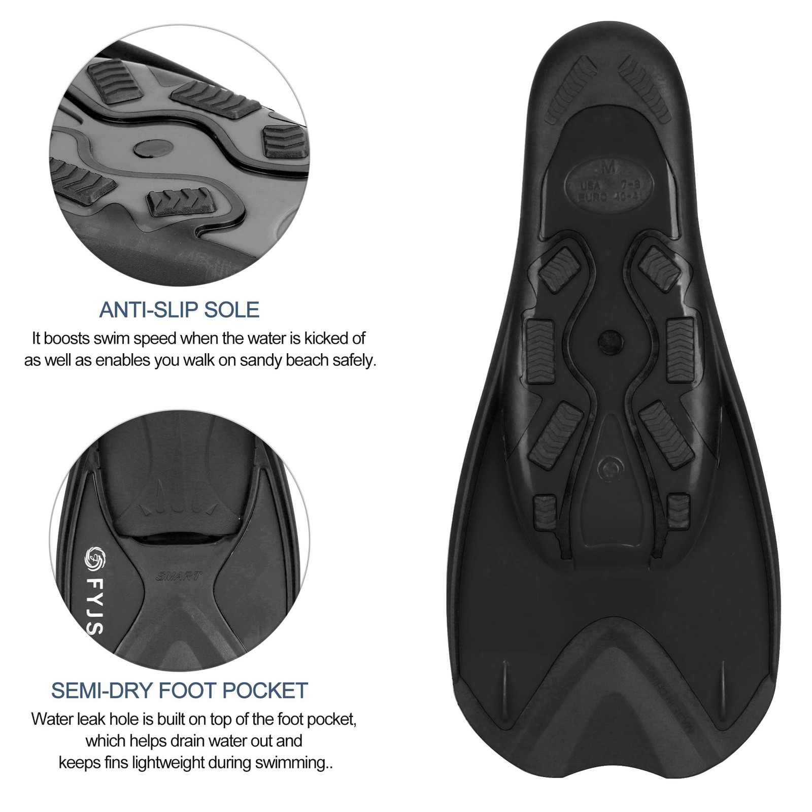 FYJS Short Swim Fins with Comfortable Full Foot Pocket X-Large, Black