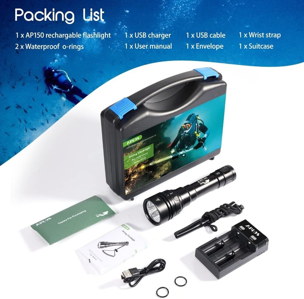 APLOS AP150 Dive Torch, 15000 Lumen, Underwater 492ft, Scuba Diving Flashlight.
