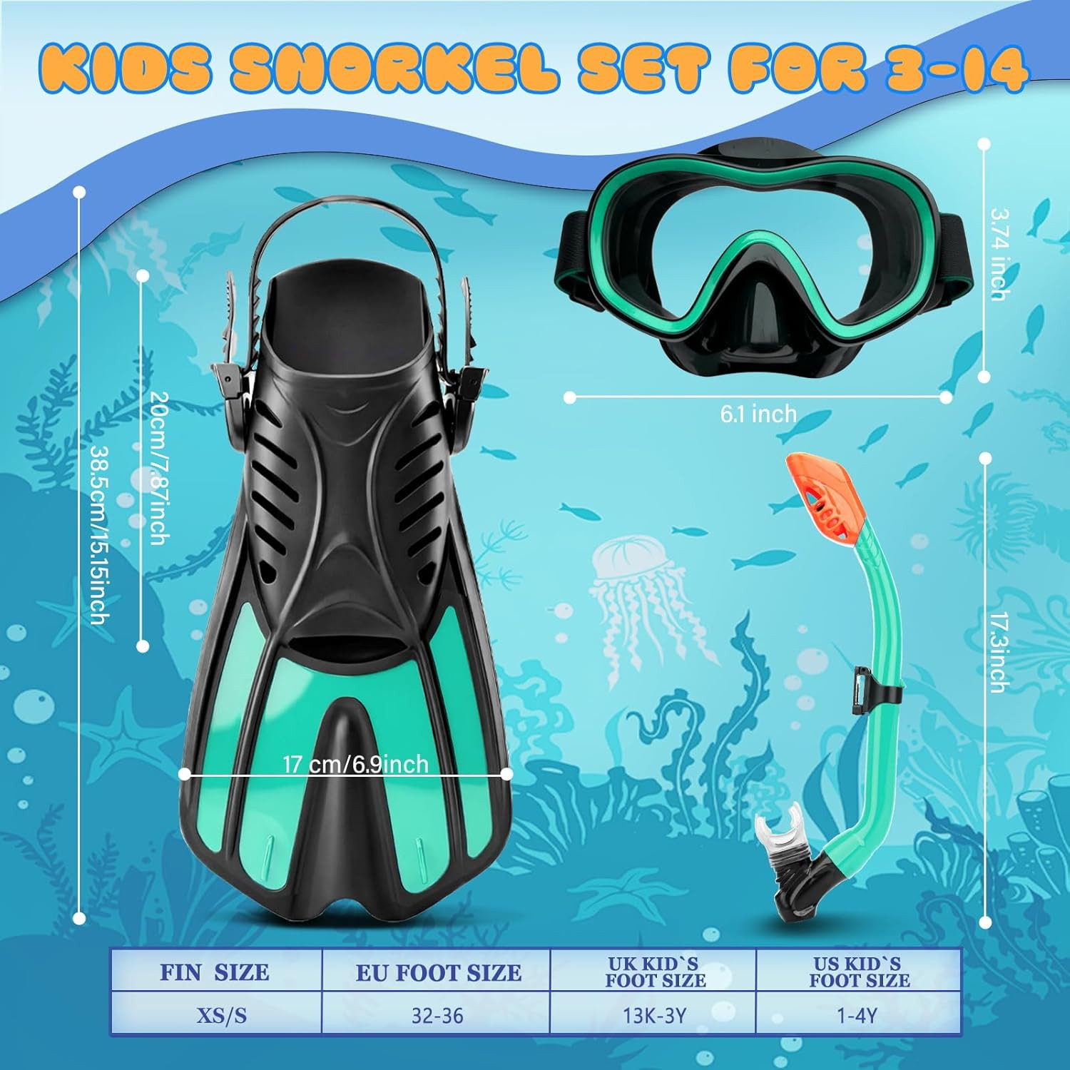 Snorkeling Gear for Kids Adults, 4 in 1 Travel Mask Fins Snorkel Set with Panora
