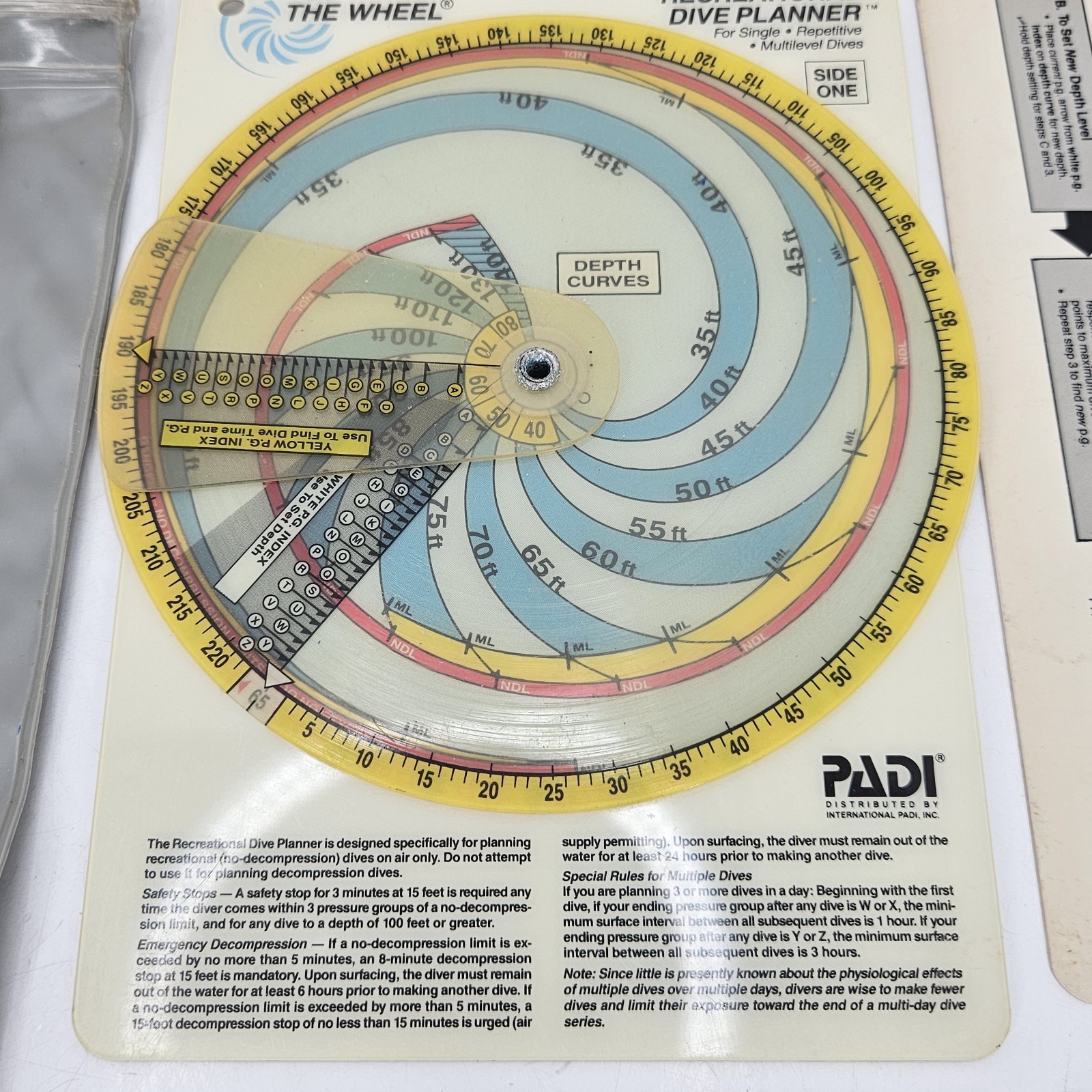 PADI The Wheel & Table Recreational Scuba Dive Planners & Instruction Booklet