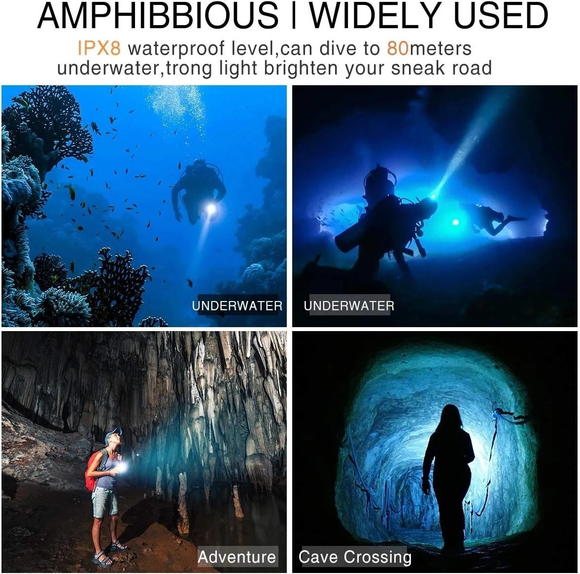 Compact Tactical LED Flashlight – 2000 Lumens for Underwater Exploration