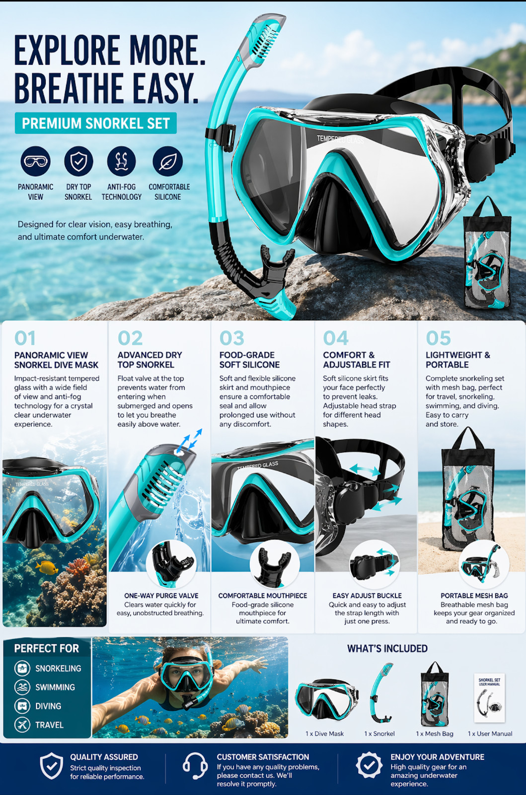 Adult Snorkel Set Mask Anti-Fog Panoramic Tempered Glass Diving Gear