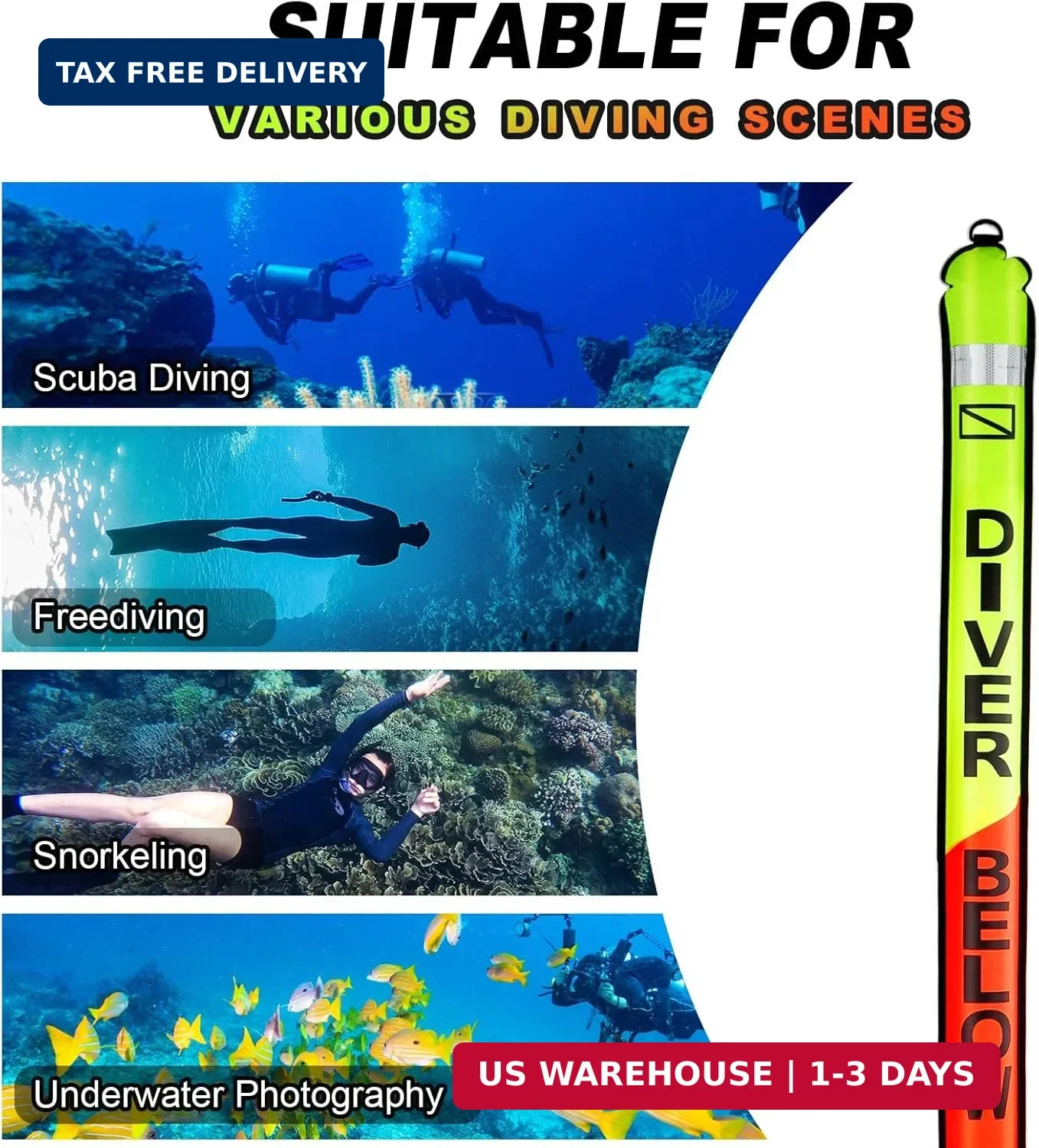 Surface Marker Buoy, 5ft Scuba SMB High Visibility Open Bottom Dive Buoy with Or