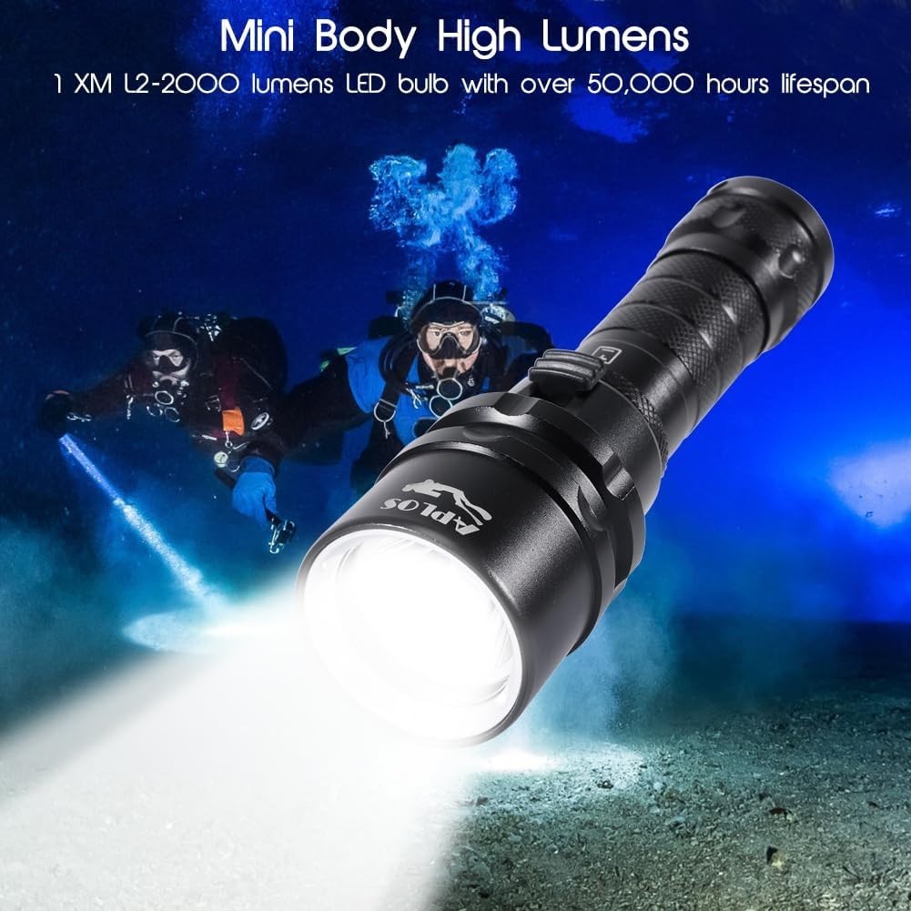 2000 Lumens Waterproof Scuba Diving Flashlight Durable Rechargeable Battery